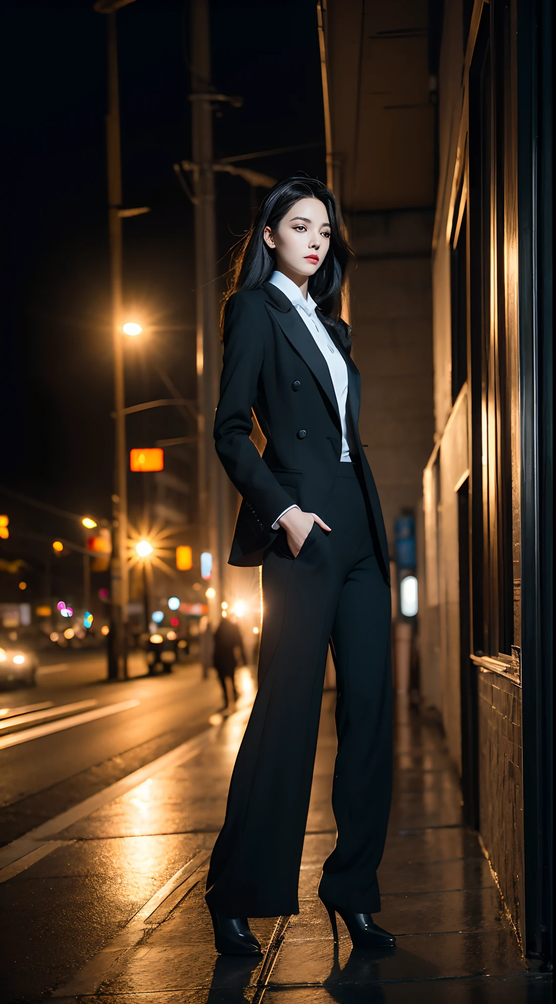 (Best quality,4K,A high resolution:1.2),Ultra-detailed,(Realistic,Photorealistic:1.37),(Full body shot from head to shoe),Extremely tall, slender and sexy woman with white hair walking seductively on the street,Her body is extremely tall and slender,Exceptionally tall height,huge tit,Exaggerated body proportions, black formal,Super long legs that occupy two-thirds of the body,Exceptionally long legs,A pair of cool black booties,Smooth polished hair,Confident posture,cityscape in the background,Dark and mysterious atmosphere,A vibrant and energetic scene,captivatinggaze,Strong presence,Elegant and sophisticated appearance,dynamic shadowing,subtle reflections,High contrast lighting,Modern and urban environment,graceful movements,Illuminated street lights,arquitetura impressionante,Striking visual composition,Dramatic and avant-garde style,Special attention to detail,Rich depth of field,expressive facial features,Sharp silhouette,Exquisite craftsmanship,Impressive realism,Artistic and elegant expression,striking colors,Meticulous attention to shadows and highlights,Glowing streetscape,Stylish and stylish look,Impeccable sense of fashion,Flawless makeup,Confident and seductive expression