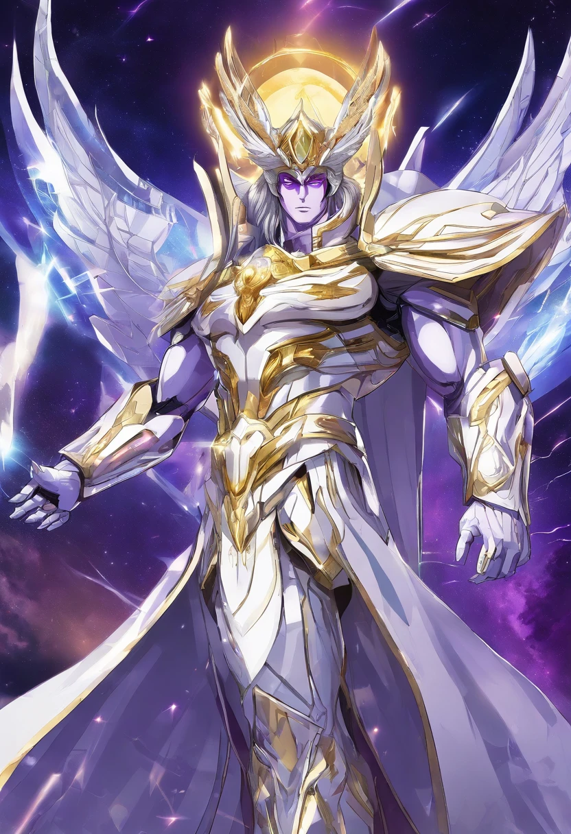 (Masterpiece, best quality), (clear focus, rich details), mighty greek god Zeus dressed in white and purple shining saint seiya version of futuristic advance battling god cloth, with beard, standing against the background of the Sky world headquarter castle, (shot from the front, looking below), (The sun is high above)