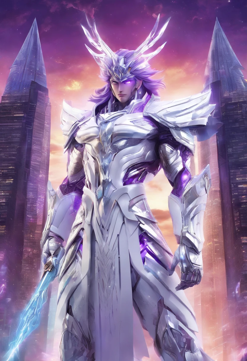(Masterpiece, best quality), (clear focus, rich details), mighty greek god Zeus dressed in white and purple shining saint seiya version of futuristic advance battling god cloth, with beard, standing against the background of the Sky world headquarter castle, (shot from the front, looking below), (The sun is high above)