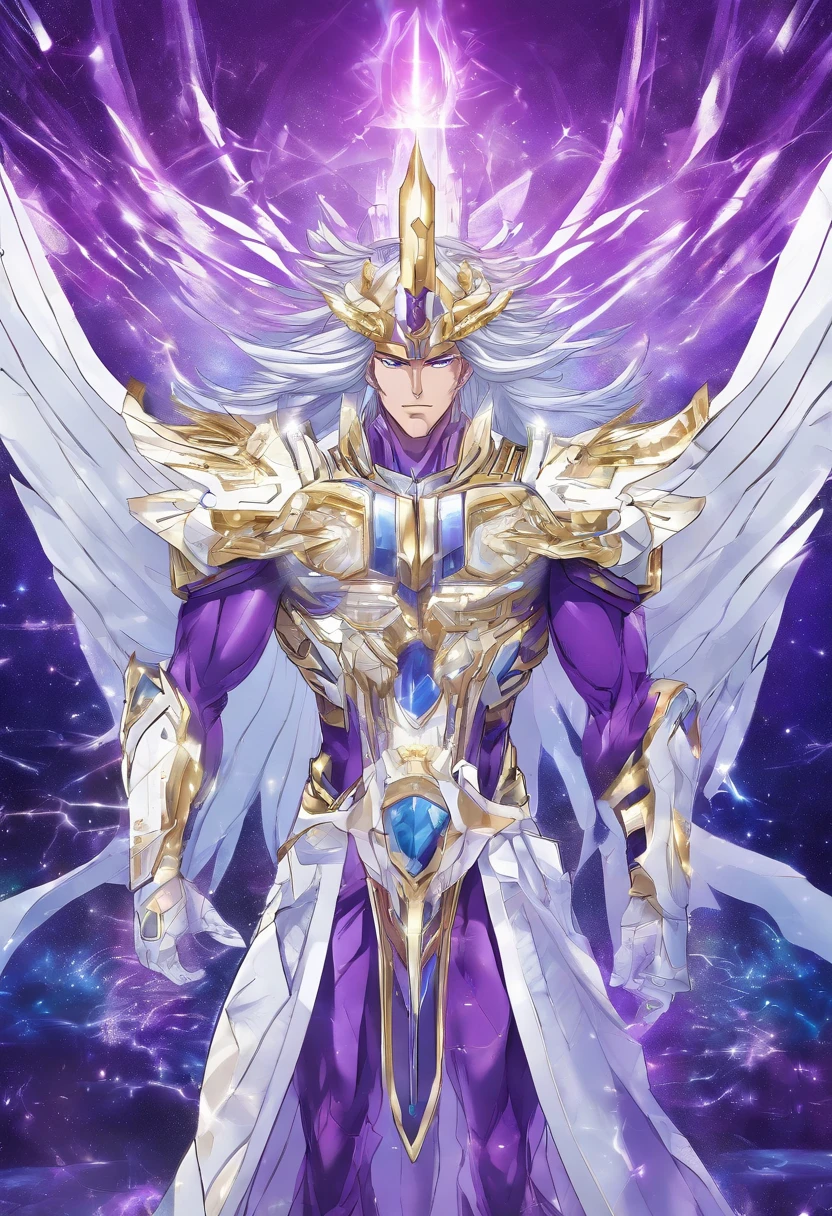 (Masterpiece, best quality), (clear focus, rich details), mighty greek god Zeus dressed in white and purple shining saint seiya version of futuristic advance battling god cloth, with beard, standing against the background of the Sky world headquarter castle, (shot from the front, looking below), (The sun is high above)