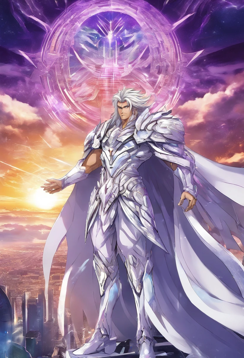 (Masterpiece, best quality), (clear focus, rich details), mighty greek god Zeus dressed in white and purple shining saint seiya version of futuristic advance battling god cloth, with beard, standing against the background of the Sky world headquarter castle, (shot from the front, looking below), (The sun is high above)