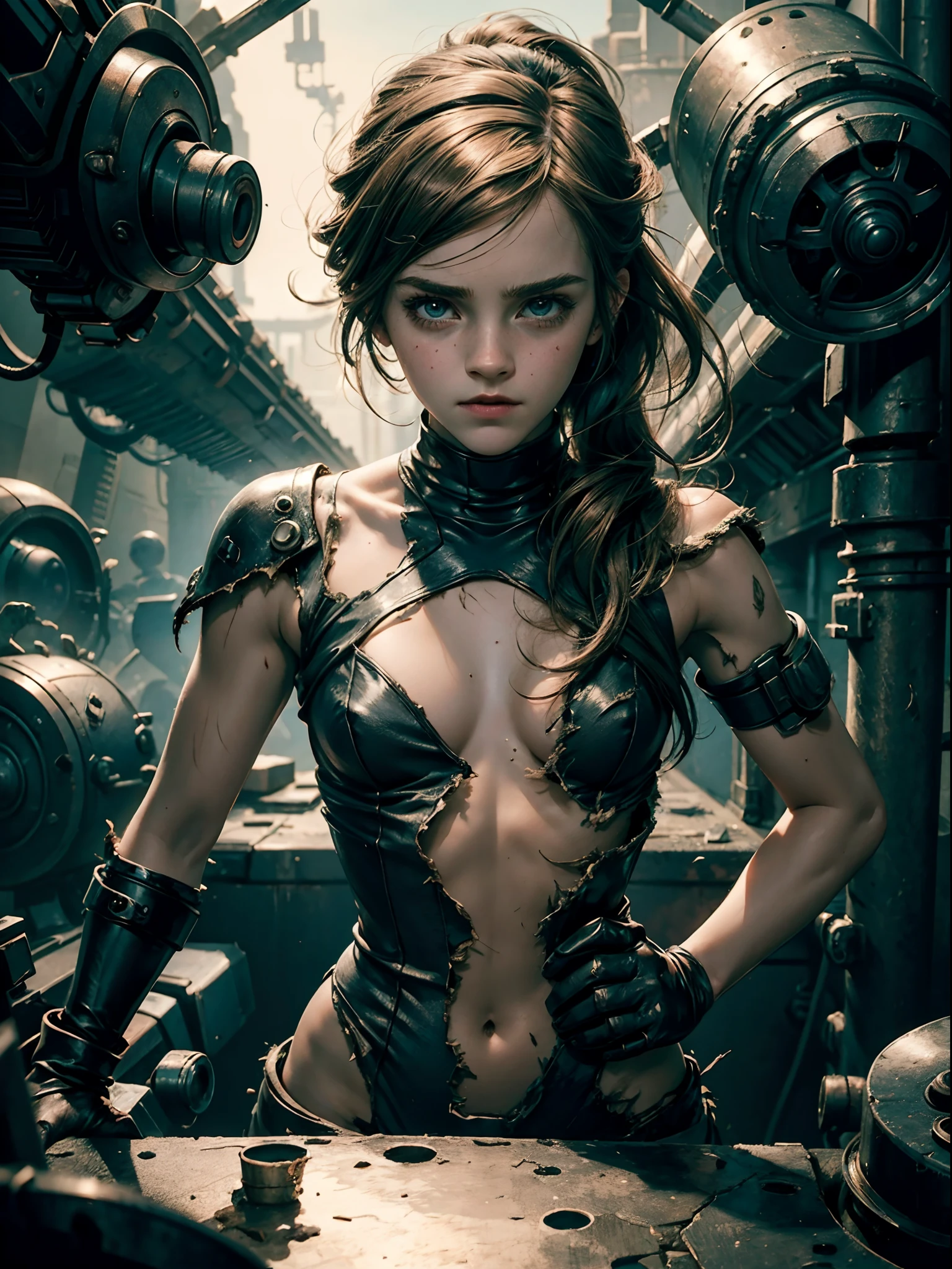 a teen emma watson dressed as megaman standing as a captivating figure amidst the desolation. her physical appearance tells a story of tragic transformation and decay, evoking both fascination and a sense of unease. the teenage robot girl's once-youthful countenance is marred by the relentless grip of decay. Their her flesh, once vibrant and alive, now hangs in tattered shreds, exposing patches of decomposed muscle and bone beneath.