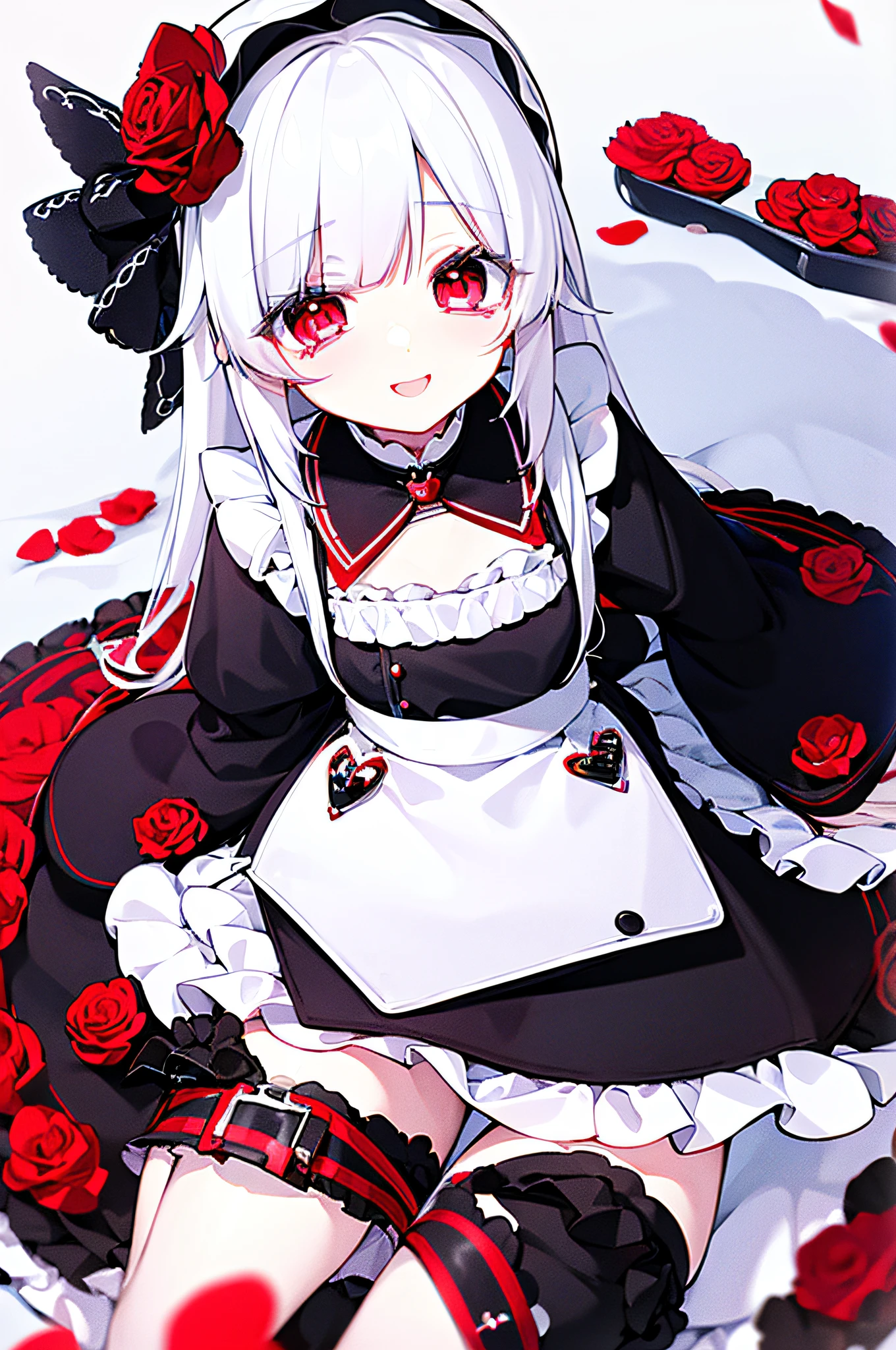 white  hair,Red-eyed girl,cute little ,Long hair,Heartwarming,a miniskirt,Lolita,A smile,Thumbnail styles，maid clothes，fluffly，Looking down from above,