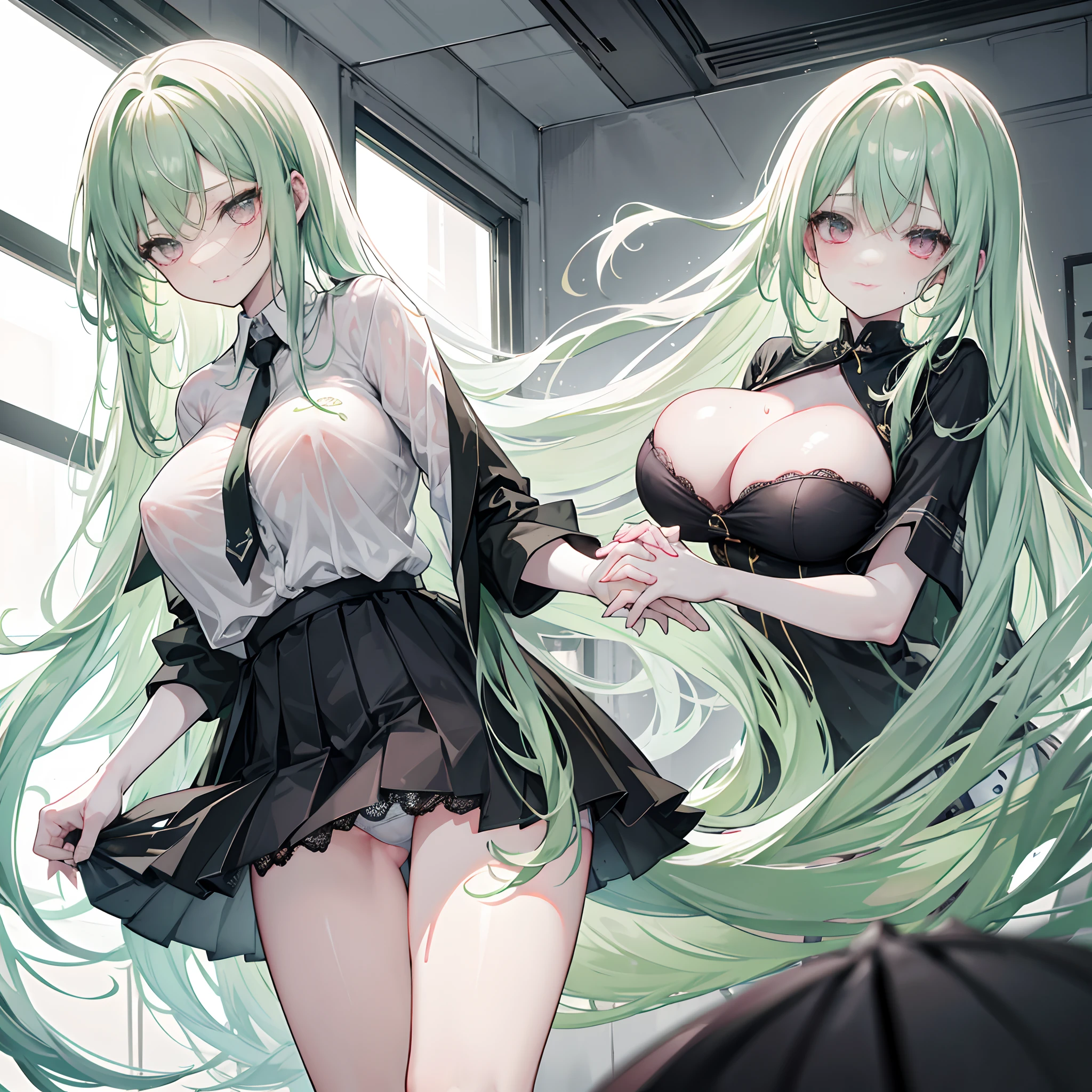 Long pale green hair scattered，dual horsetail，Pink eyes，Loving pupils，girl，huge tit，black micro skirt，White lace panties exposed，white short sleeve，Clothes drenched in sweat，Hold your hands between your chest