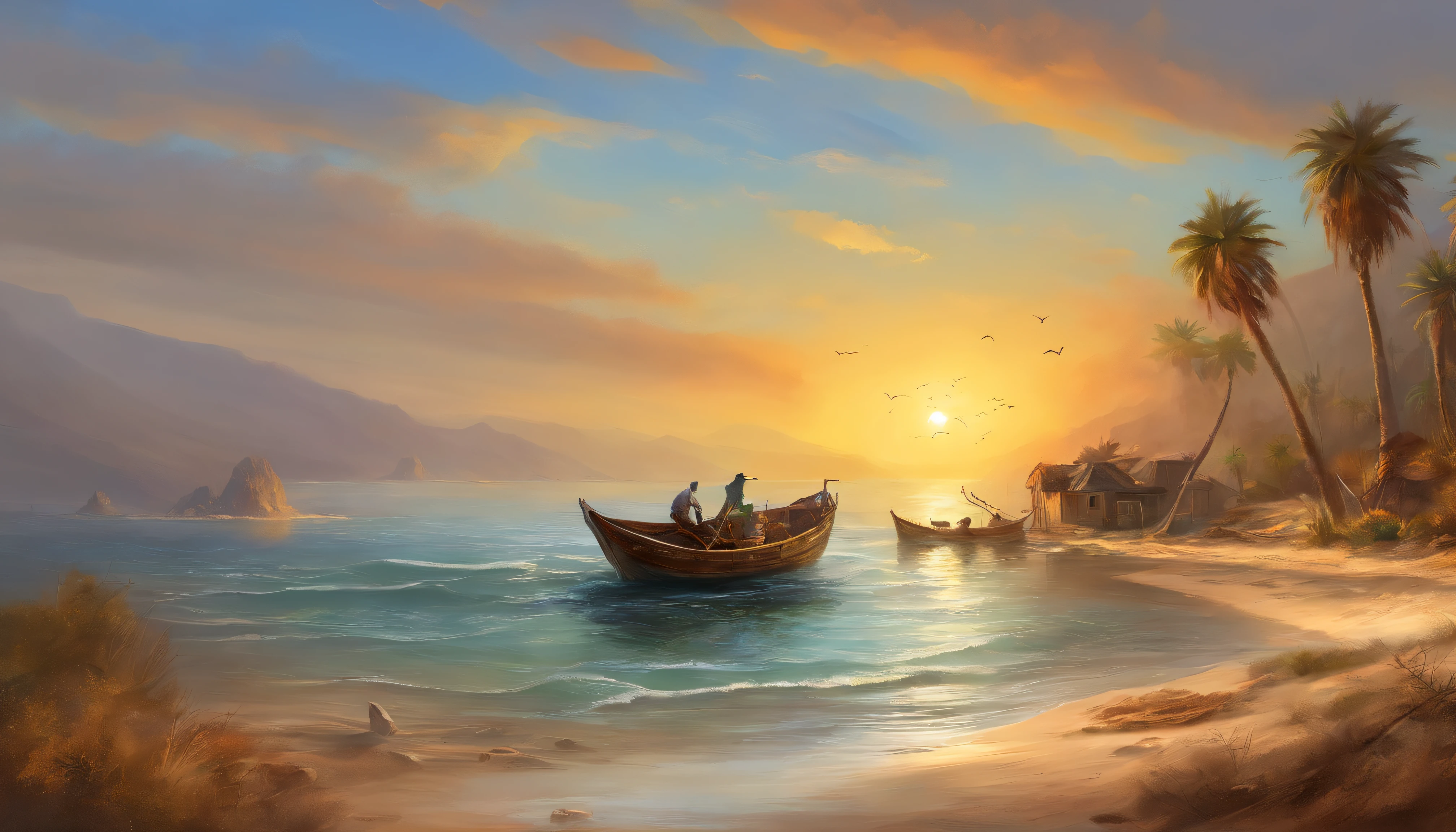There is a fishing boat at the sea shore, workers are dragging fishing net, illustration matte painting, inspired by Thomas Kinkade, symmetric matte painting, detailed scenery , style raw, 8 k ultra detailed, environment design illustration, scenery art detailed, Seaside view, concept-art, 4k highly detailed digital art, 4 k digital painting, 4k digital painting, stunning digital illustration, Desert background, digital painting concept art, Detailed digital painting