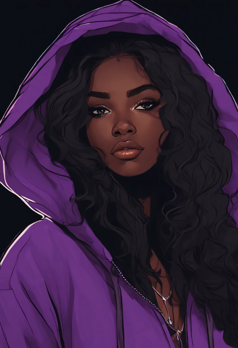 /imagine prompt: dark-skinned girl with long black wavy hair wearing purple hoodie illustration, in bold outline style, jagged edges, trashcore, light shading --v 5.2