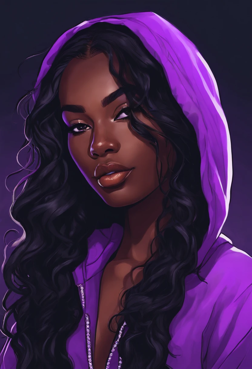 /imagine prompt: dark-skinned girl with long black wavy hair wearing purple hoodie illustration, in bold outline style, jagged edges, trashcore, light shading --v 5.2