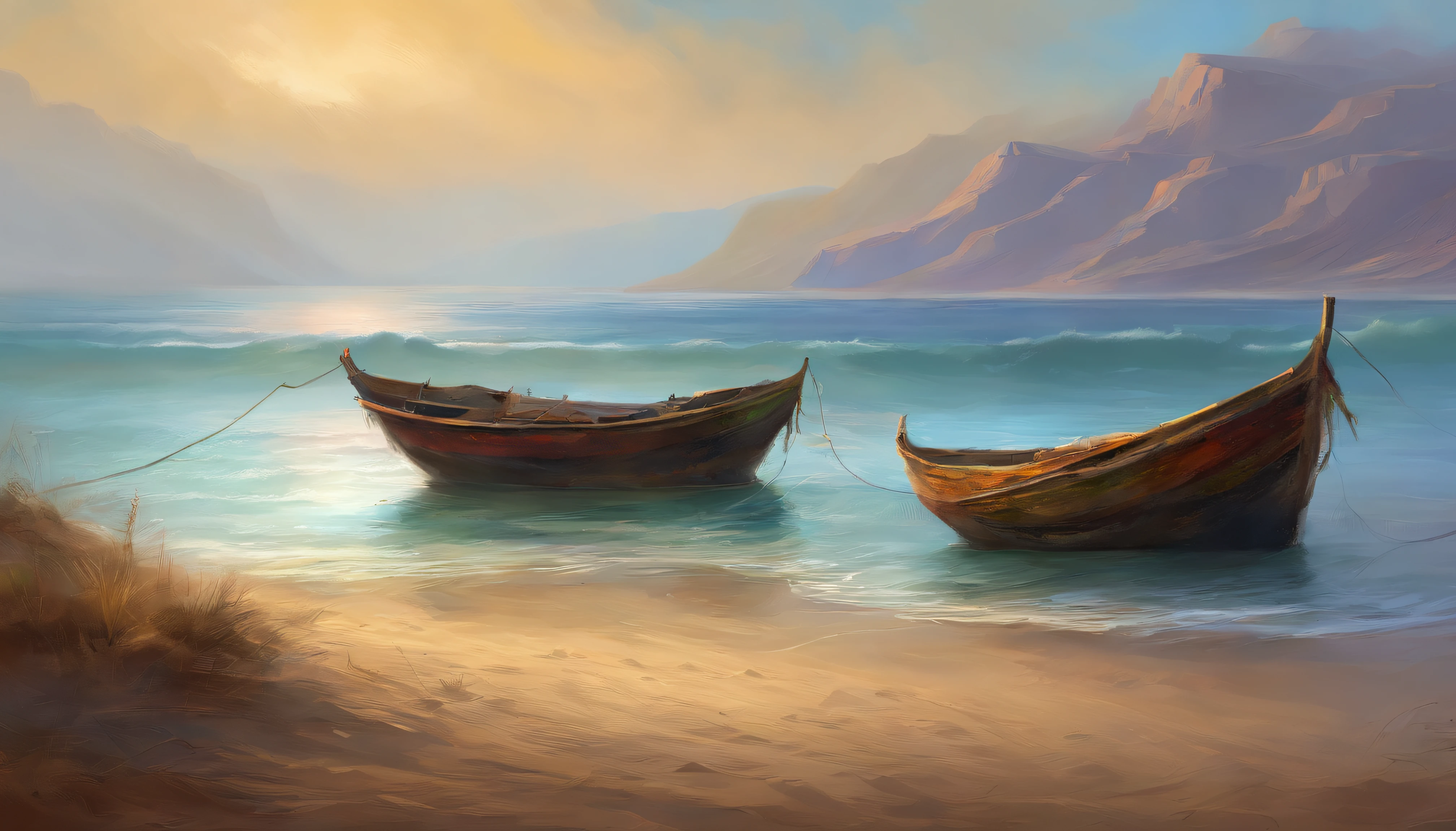 There is a fishing boat at the sea shore, workers are dragging fishing net, illustration matte painting, inspired by Thomas Kinkade, symmetric matte painting, detailed scenery , style raw, 8 k ultra detailed, environment design illustration, scenery art detailed, Seaside view, concept-art, 4k highly detailed digital art, 4 k digital painting, 4k digital painting, stunning digital illustration, Desert background, digital painting concept art, Detailed digital painting