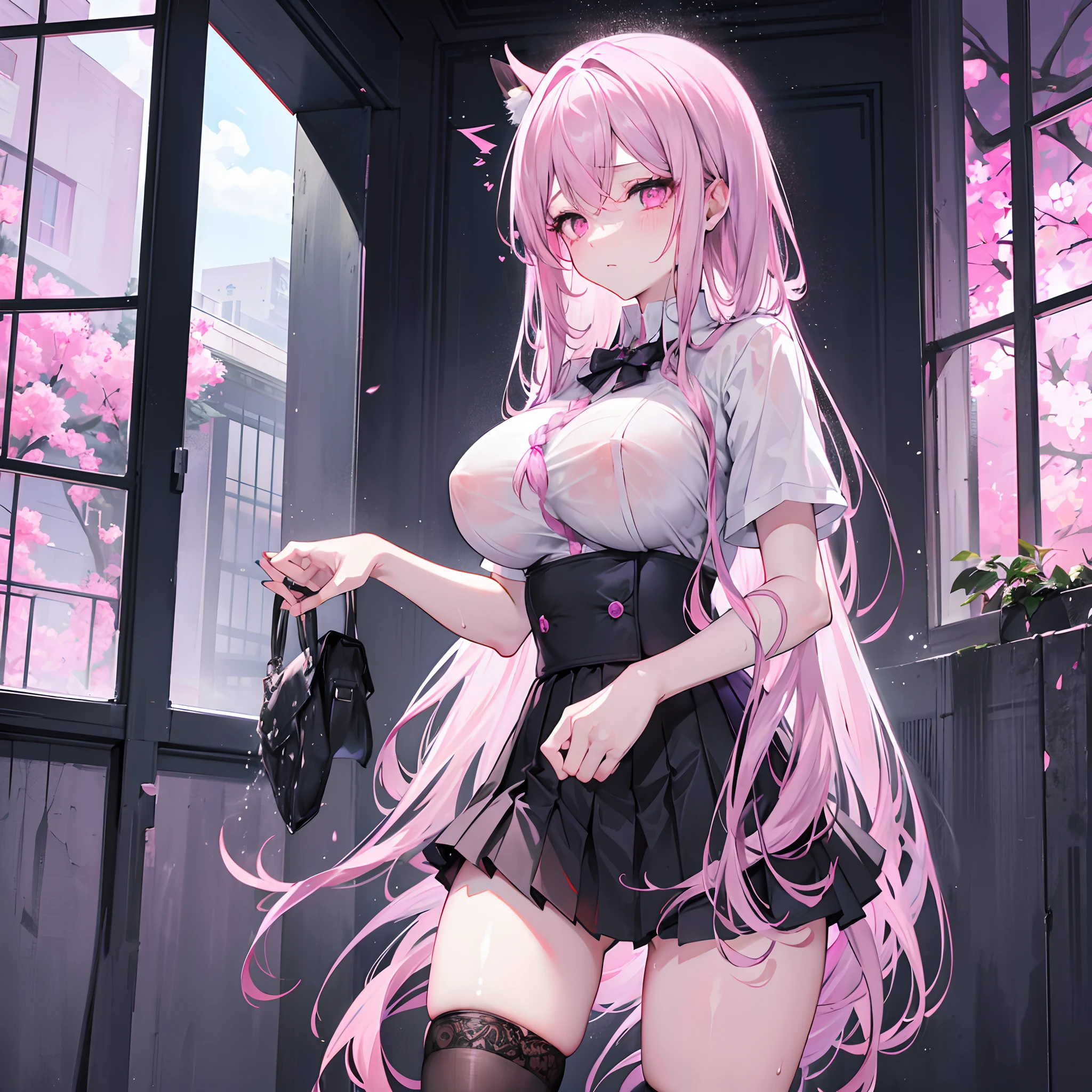 Long lilac hair scattered,dual horsetail,Pink eyes,Loving pupils,girl,huge tit,black micro skirt,Black lace panties exposed,white short sleeve,Clothes drenched in sweat,Hold your hands between your chest