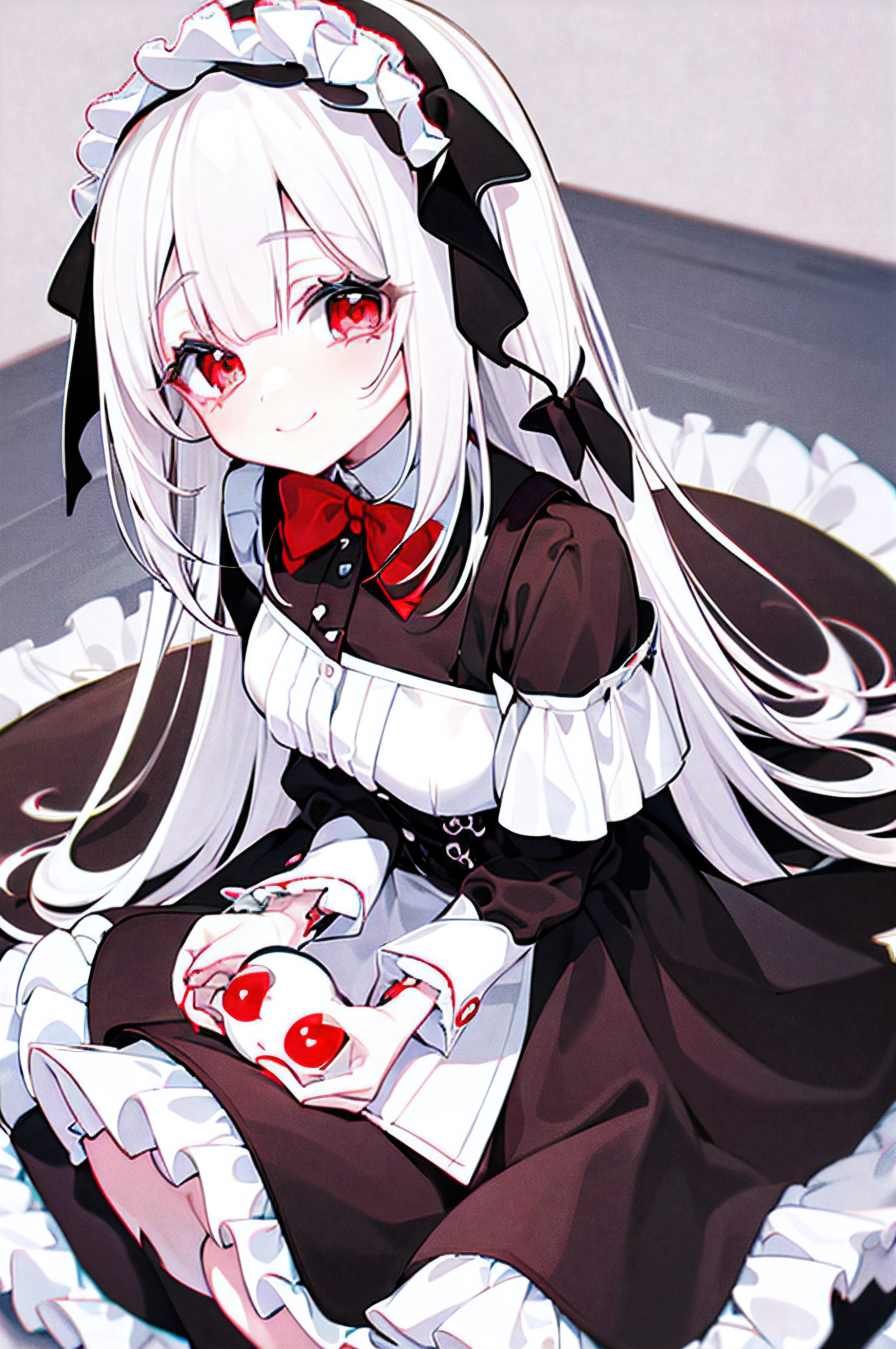 white hair,Red-eyed girl,cute little ,Long hair,Heartwarming,a miniskirt,ta,A smile,Thumbnail styles,maid clothes,fluffly,Looking down from above,despise,a smile