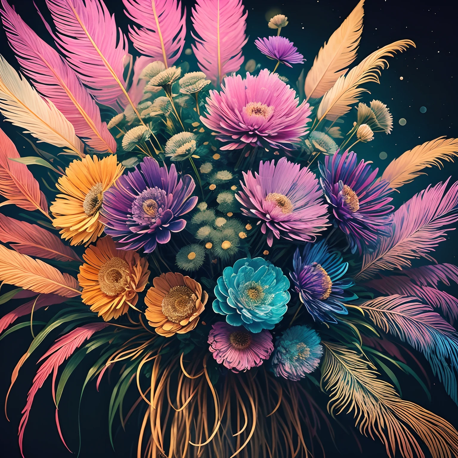 Cosmos and pampas grass:1.5,top-quality,Best Quality,Official art,bird wings,Beautiful and aesthetic:1.2,Extremely detailed,Fractal Art:1.1,Colorful:1.1,Flowers:1.3,highest details,Zentangle:1.2,Dynamic,Abstract background:1.4,Many colors:1.4,Feathers:1.4