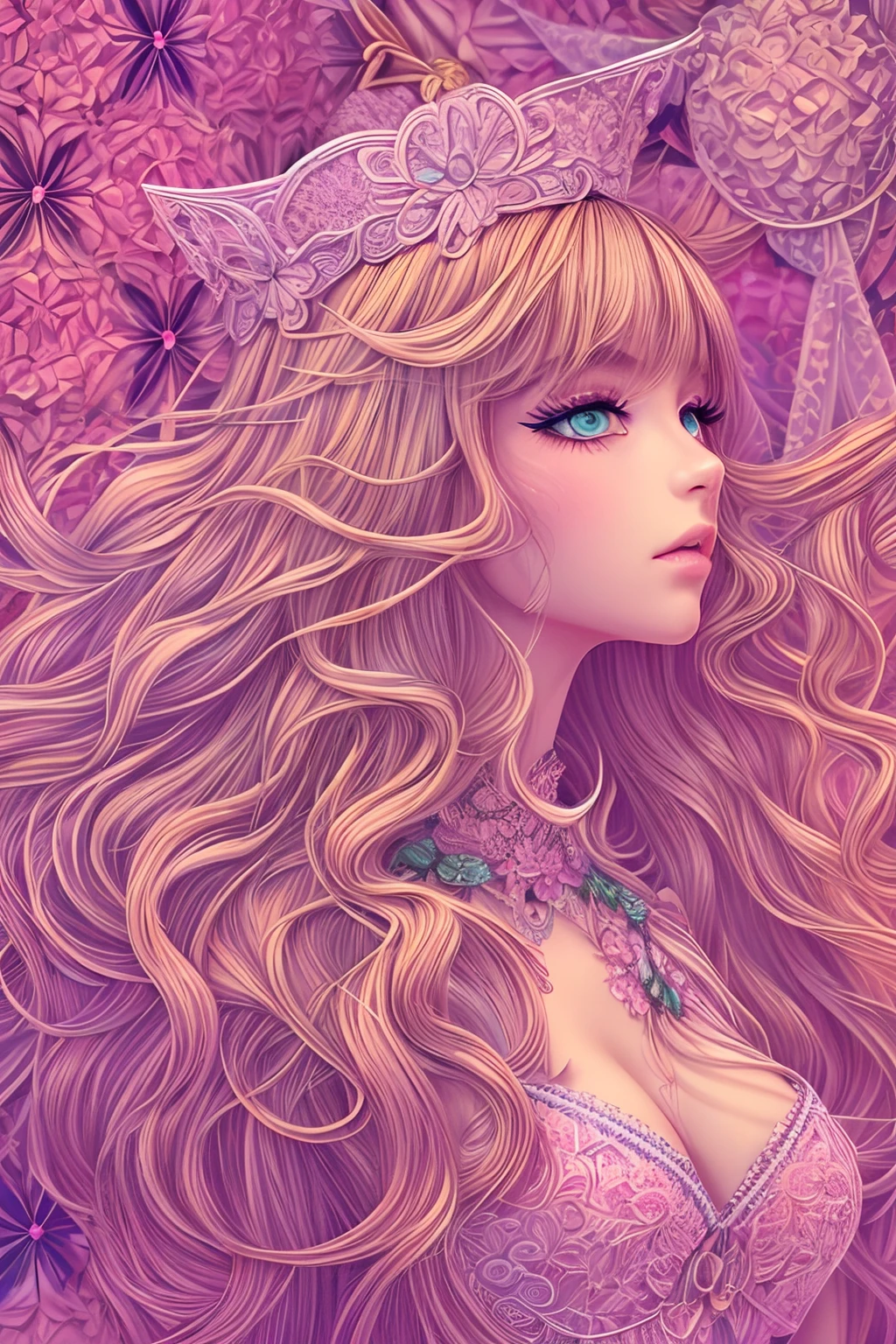 (absurdres, highres, ultra detailed), 1girl, mature female, wavy blonde hair, long hair, blunt bangs, green eyes, pink dress, finely detailed eyes and detailed face, extremely detailed CG unity 8k wallpaper, intricate details, BREAK , kaleidoscopic imagery...