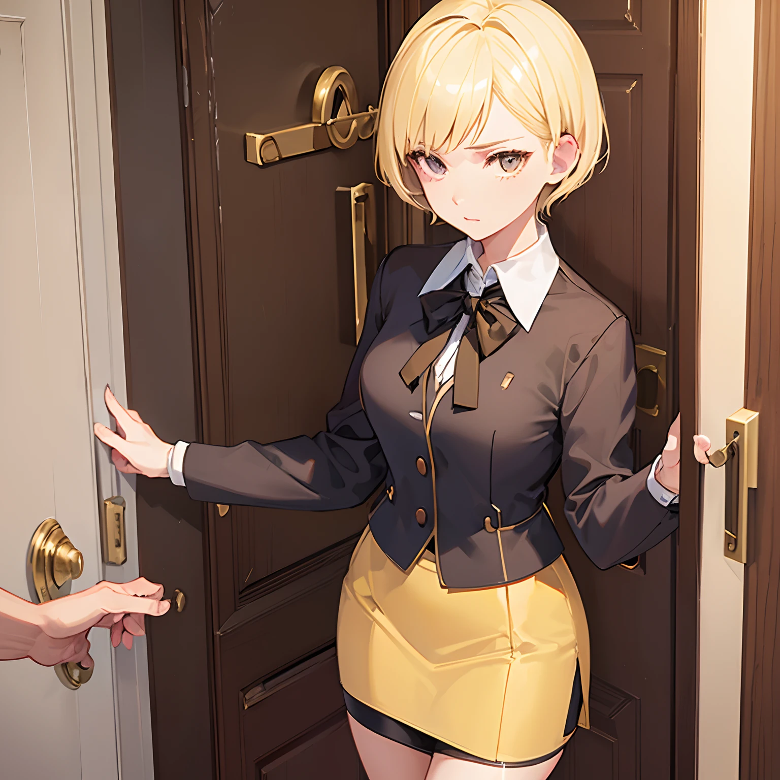 1girll，(short blonde hair:1.6)，Business suit，Skirt that wraps hips，black short socks，Mature and beautiful and sexy，Rich and noble families，In the corridor of the villa，(Knocking on the door:2)，facing away from the audience，seductive, Ultra-detailed CG，Exquisite facial features，Clear facial expressions，Detailed digital anime art，Digital anime art，High quality anime art style