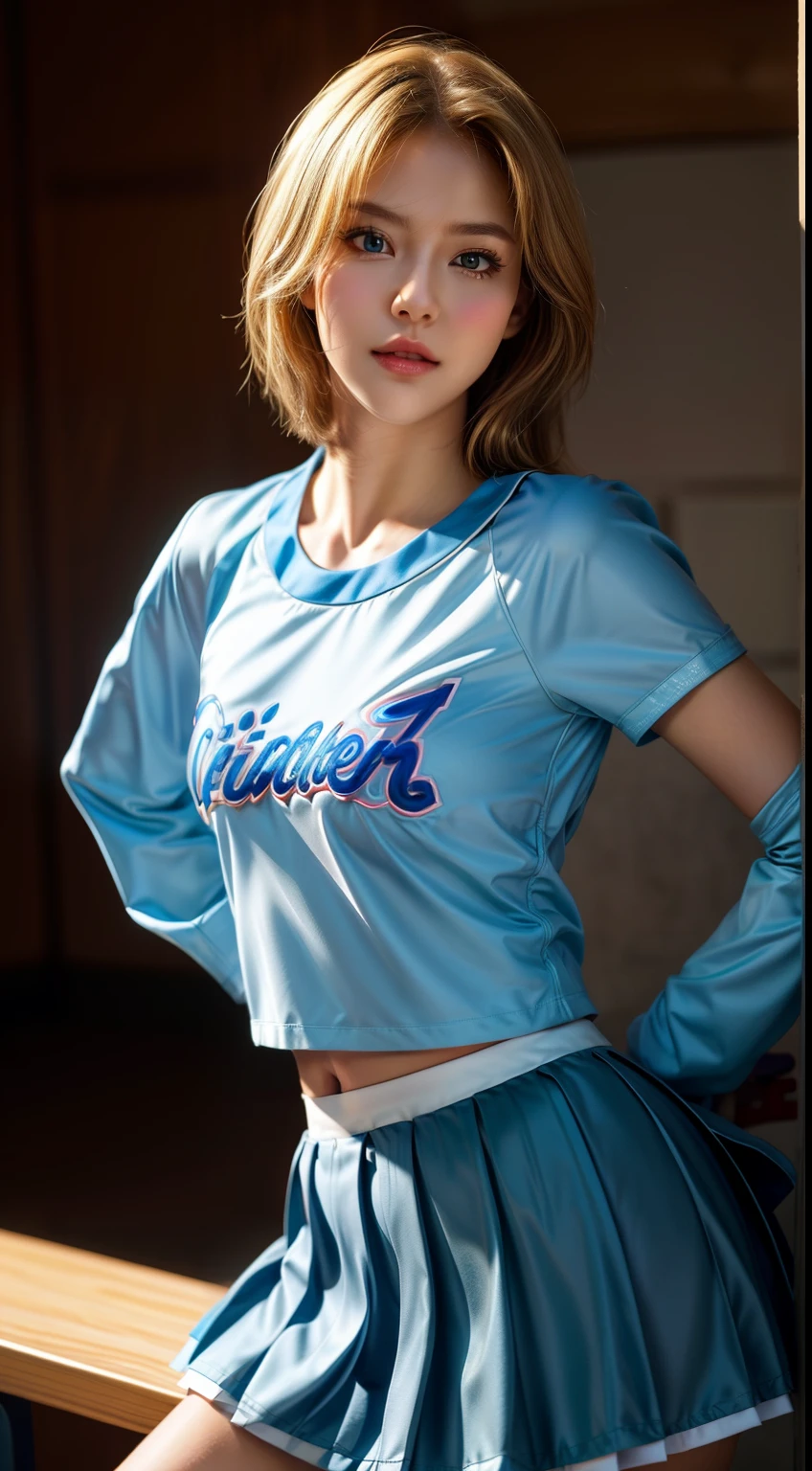 ((sfw)), ((best quality)), ((masterpiece)), ((realistic)), (detailed), , a fun (cheerleader) LittleCaprice, wearing an (detailed cheerleader uniform:1.4), midriff, (detailed skirt:1.4), well lit, dramatic lighting, deep shadows and brilliant highlights, (intense eye contact), gorgeous eyes, seductive devious smirk, beautiful face, (highly detailed face, realistic skin texture), pastel theme, (artistic erotica), high quality, (by arny freytag), (by artgerm:1.2), blonde short hair, midshot, centered image, ultra detail, extremely face detail, extremely eye detail