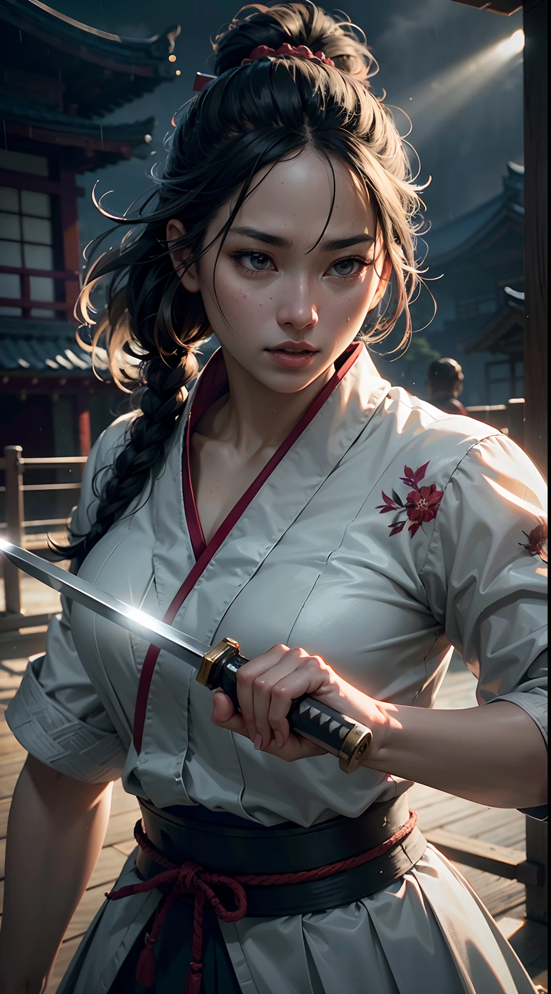 [object Object], (Detailed face features:1.3),1woman,japanese samurai,in the palace,fighting stance,outdoor,storm rain,upper body,Japanese Warring States Clothing,
(RAW photo, 16k, masterpiece, best quality: 1.2), (ultra realism, hyper detailed and intricate realism: 1.3), (wide depth of field, radiant mapping, ray tracing, god rays: 1.2), High dynamic range, vivid, rich details, clear shadows and highlights, realistic, intense, enhanced contrast,Holding a samurai sword,blood on face