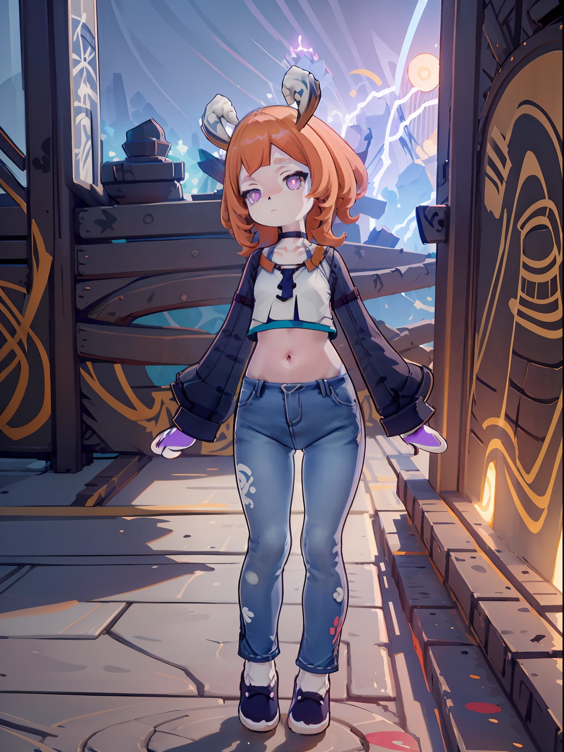 Melousine | genshin impact, master-piece, bestquality, 1girls,25 years old, proportional body, elongated legs, proportional., crop top, Long Jeans, mediuml breasts, ,bara, crop top, choker, (Graffiti:1.5), Splash with purple lightning pattern., arm behind back, against wall, View viewers from the front., Thigh strap, Head tilt, bored, 10, 10, HD,