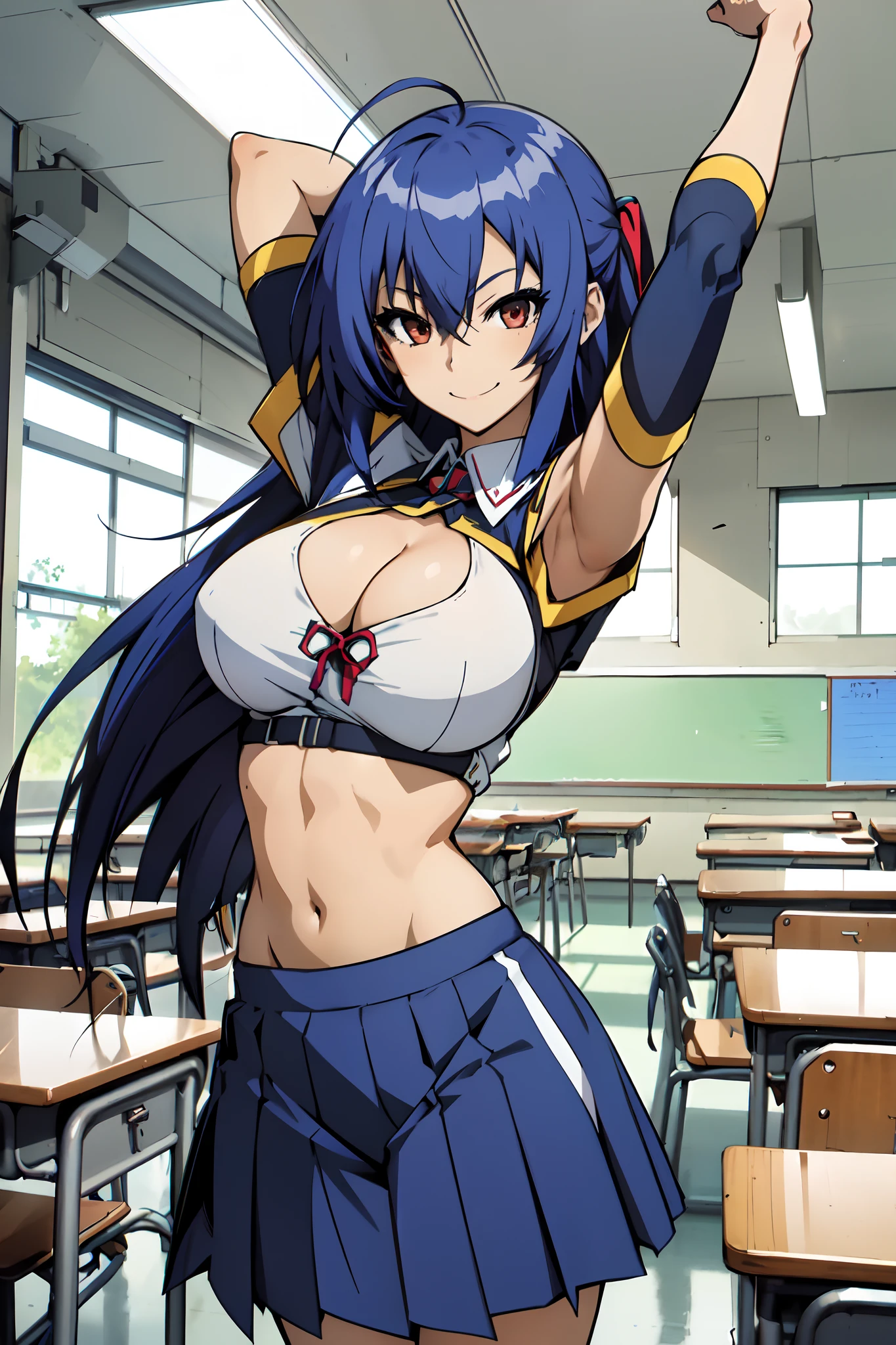 best quality, masterpiece, portrait, 1girl, kurokami medaka, red eyes, blue hair, long hair, ahoge, large breasts, school uniform, cleavage cutout, clothing cutout, pleated skirt, classroom, looking at viewer, smile, stretching, cross-body stretch