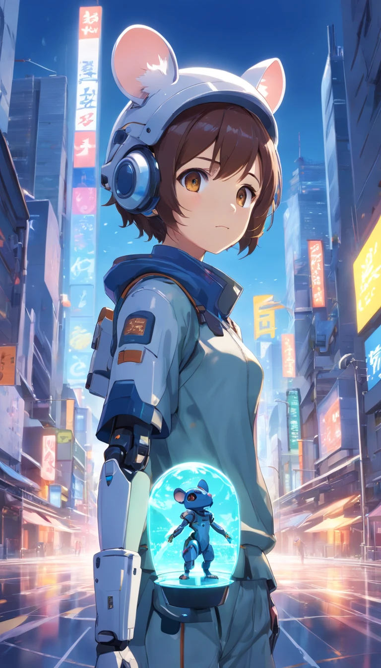 The person in the photo I gave々Use the,Robot rat, (blind box toy style:1.2), (Full body shot) , 1 transparent boy,Behind him is a transparent and cute robot mouse, Transparent Mecha, Exquisite helmet:1.2, Luminescent goggles:1.2, Cyberpunk, Dreamy glow, bright neon lights, clean, White background, ( Global Illumination, Ray traching, nffsw, Unreal Render,Reasonable design, high detal, masutepiece, Best Quality, hyper HD, Cinematic lighting)