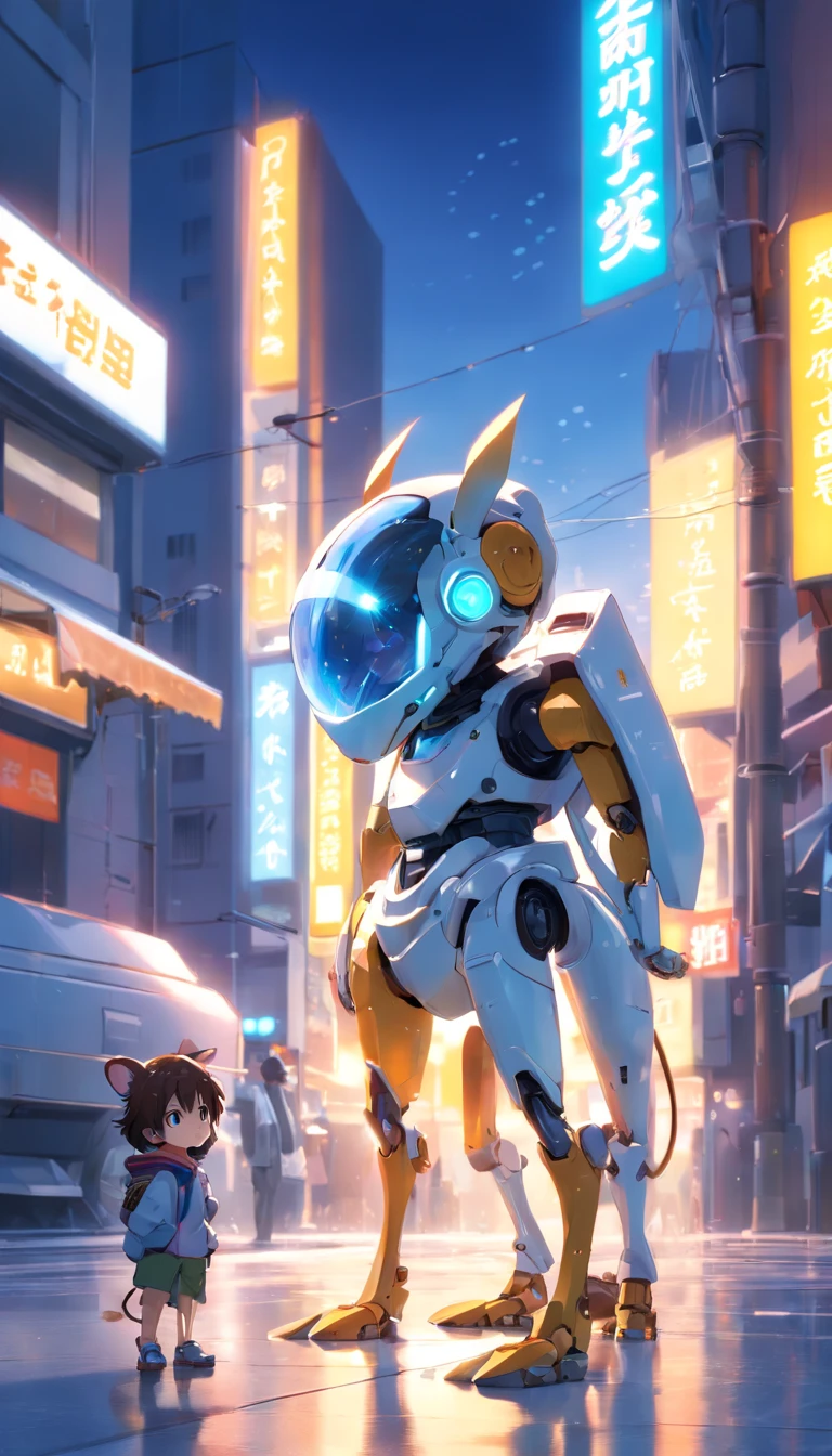 The person in the photo I gave々Use the,Robot rat, (blind box toy style:1.2), (Full body shot) , 1 transparent boy,Behind him is a transparent and cute robot mouse, Transparent Mecha, Exquisite helmet:1.2, Luminescent goggles:1.2, Cyberpunk, Dreamy glow, bright neon lights, clean, White background, ( Global Illumination, Ray traching, nffsw, Unreal Render,Reasonable design, high detal, masutepiece, Best Quality, hyper HD, Cinematic lighting)