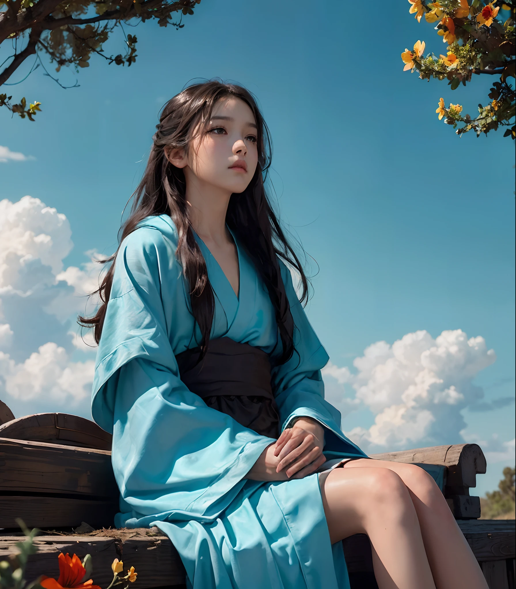 (best quality, masterpiece), Turquoise Screen Filter, (1girl, solo, brown robe, expression face, looking up, sitting, wide sleeves, black eyes, closed mouth, long hair, cowboy shot), (clear sky, cosmos flower filed, cloud),