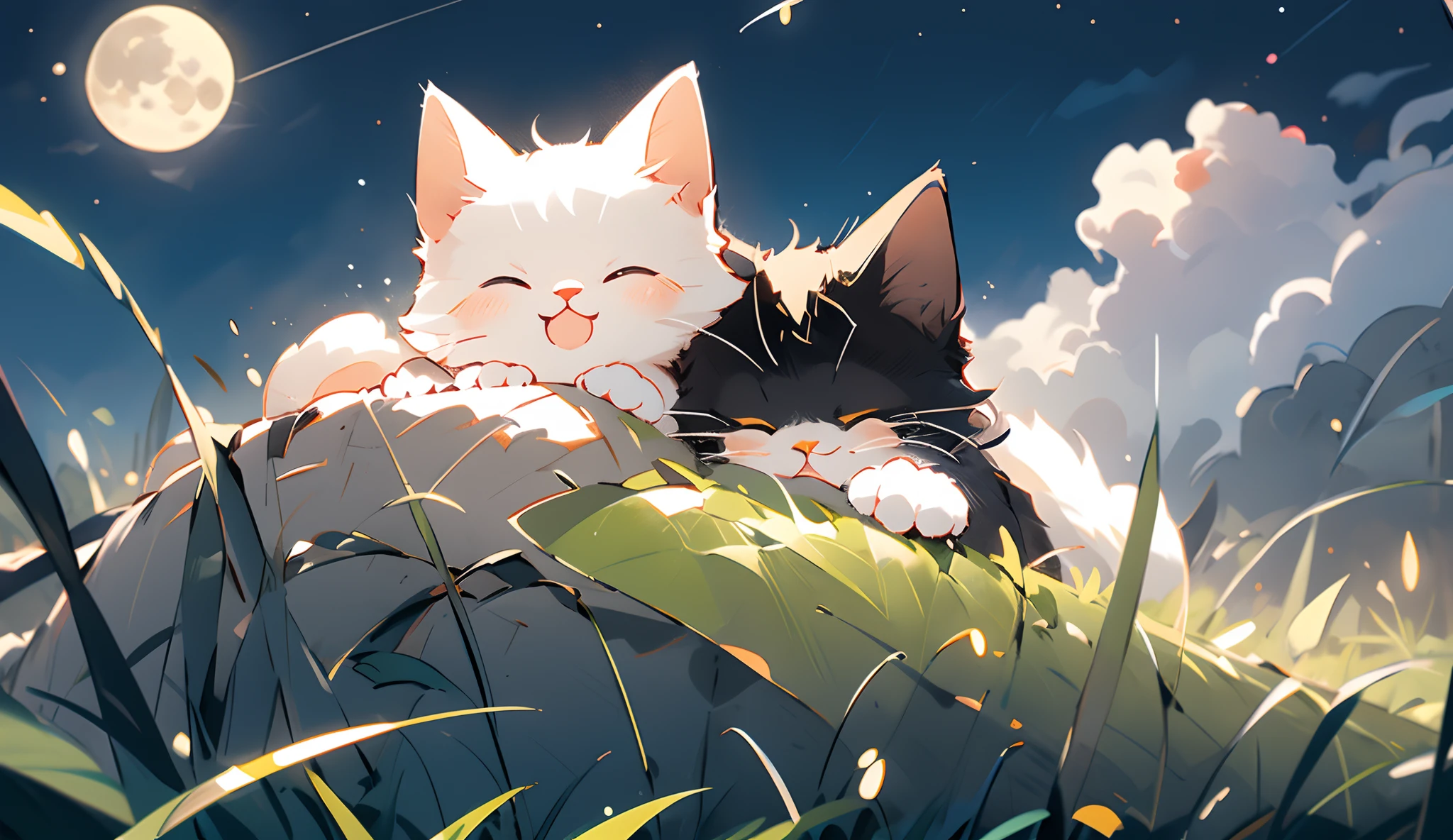 sleeping cat, dark, night, clouds, moon, grass
