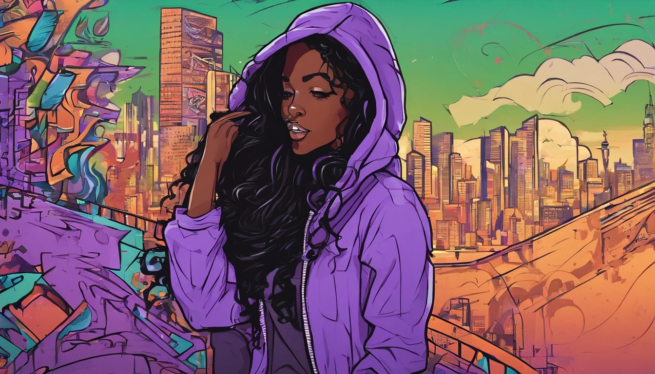/imagine prompt: dark-skinned girl with long black wavy hair wearing purple hoodie illustration, in bold outline style, jagged edges, trashcore, light shading --v 5.2