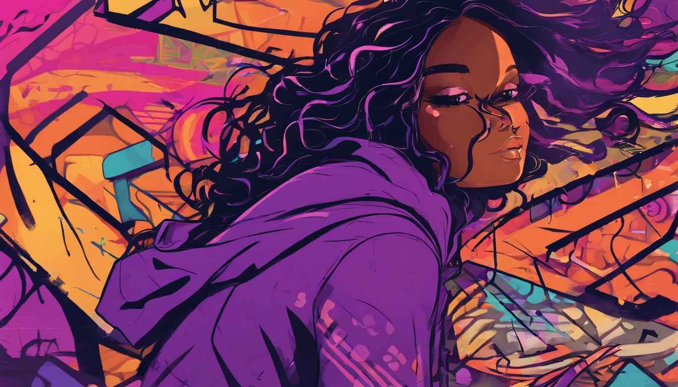 /imagine prompt: dark-skinned girl with long black wavy hair wearing purple hoodie illustration, in bold outline style, jagged edges, trashcore, light shading --v 5.2