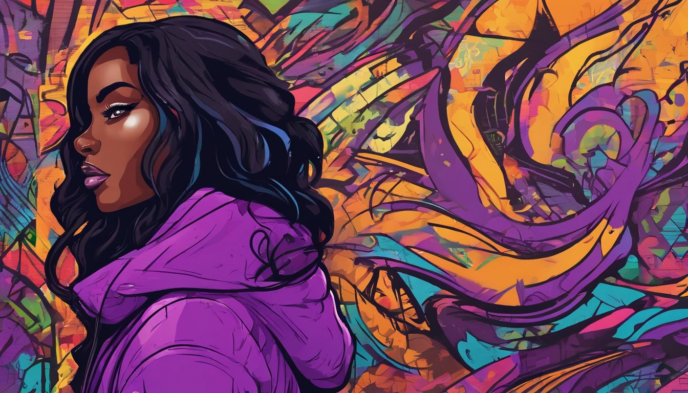 /imagine prompt: dark-skinned girl with long black wavy hair wearing purple hoodie illustration, in bold outline style, jagged edges, trashcore, light shading --v 5.2