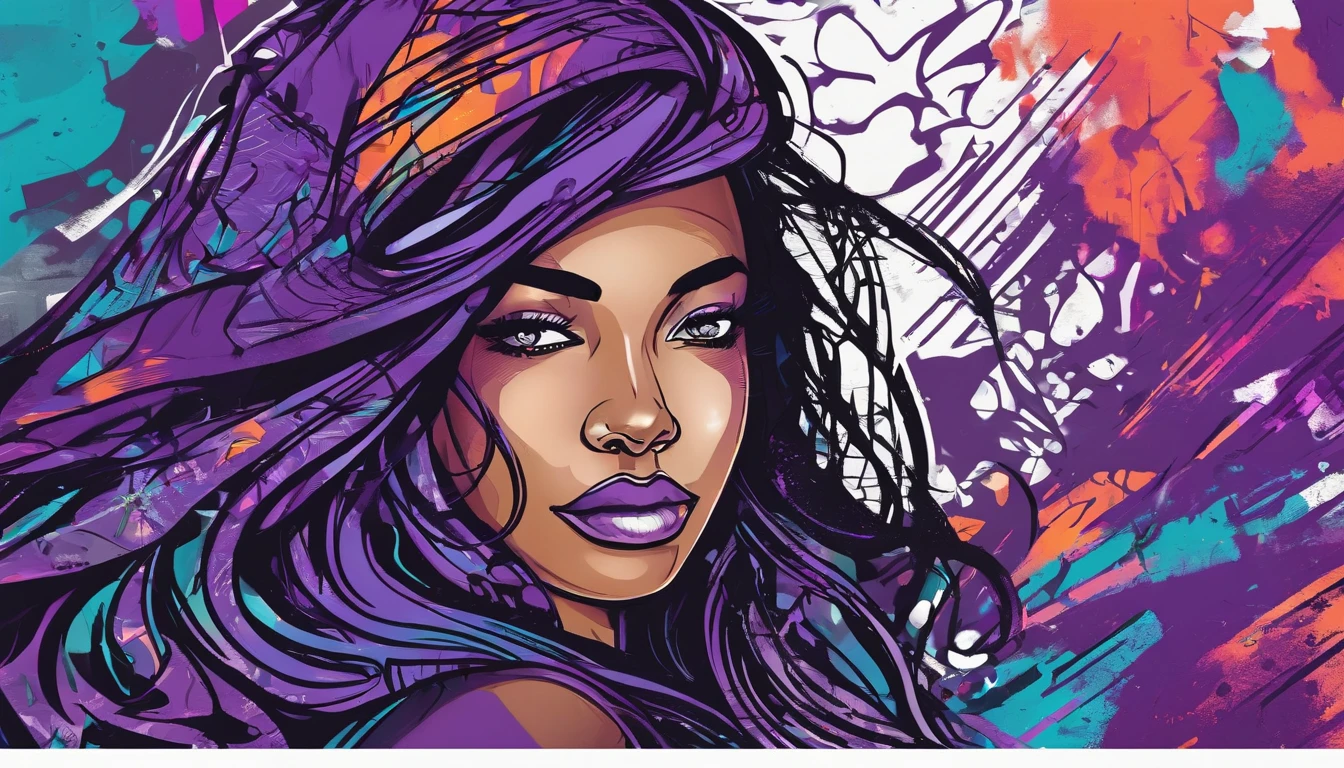 /imagine prompt: dark-skinned girl with long black wavy hair wearing purple hoodie illustration, in bold outline style, jagged edges, trashcore, light shading --v 5.2