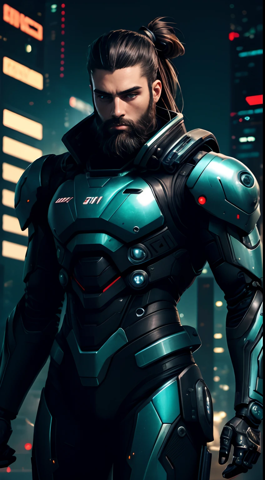 Sci fi cyberpunk style boy, mechanical suit, sharp image, photography, ultra sharp, high definition, robotic suit, sci fi background, long hair with a man bun boy, big beard, male 1, wide full shot, night time, black suit