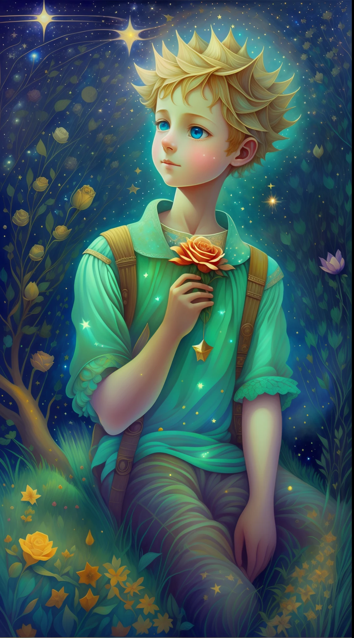 half portrait, Best Quality, Masterpiece, extra high resolution, (foto realista: 2.5), surrealism, dream-like, ((The image of the Little Prince)), hair light, light blue eyes, Starry sky, Next to him sits 1lis, night time, Stars, galaxy, There is also a rose and a planet, Sprouted baobabs , ((The Little Prince)), Fairytale painting, A bright light masterpiece, The Little Prince, breathtaking art, illustartion!, by Anna Haifisch, by Julia Pishtar, The landing of Antoine Exupéry, fantastic art, A fairytale work of art, inspiring art, Fantastic works of art