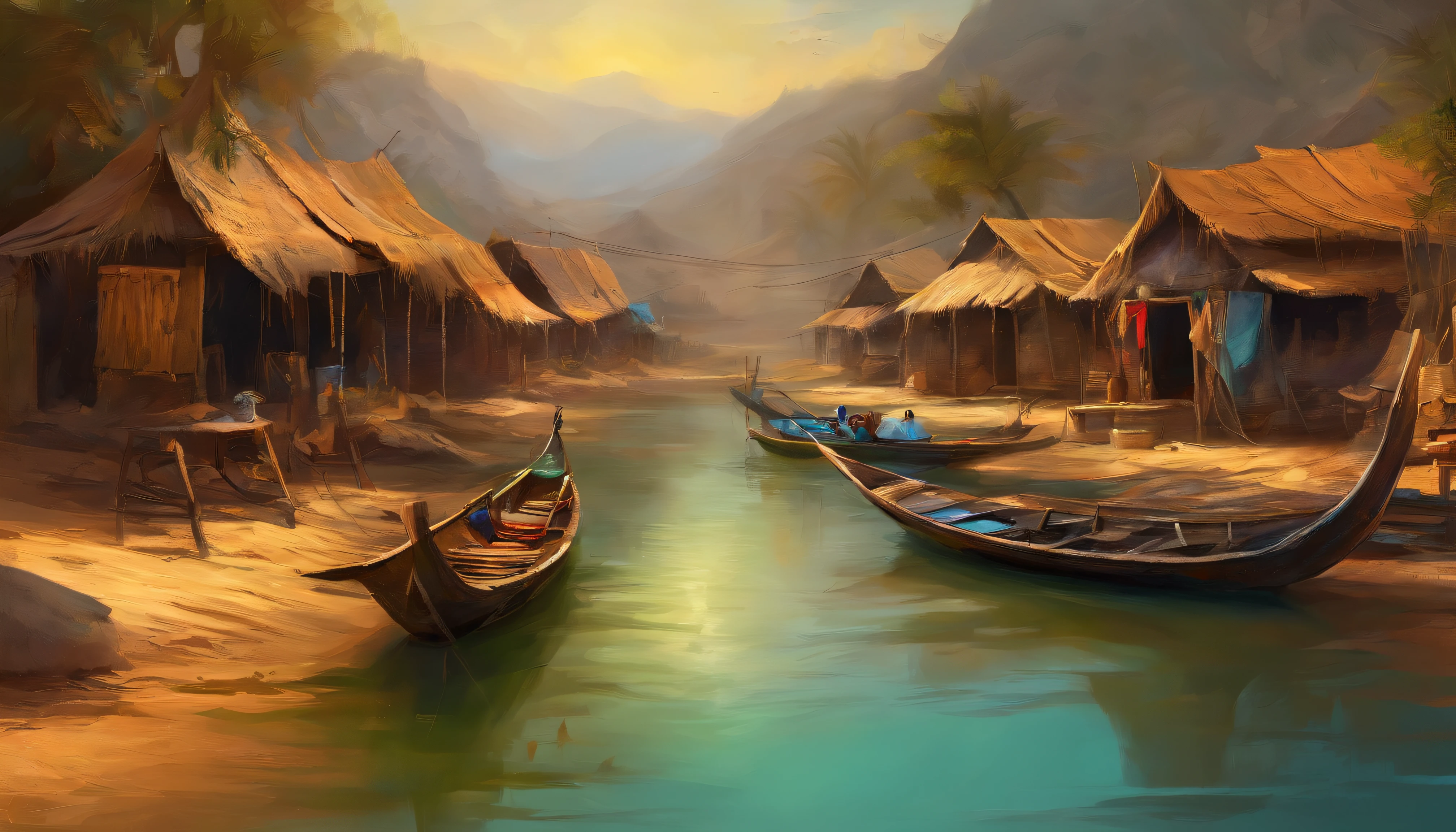 Innlay of MYANMAR (( a floating village)), Many of long legs huts in the water, boats are rowing with feet, ymmetric matte painting, detailed scenery , style raw, 8 k ultra detailed, environment design illustration, scenery art detailed, Seaside view, concept-art, 4k highly detailed digital art, 4 k digital painting, 4k digital painting, stunning digital illustration, Desert background, digital painting concept art, Detailed digital painting