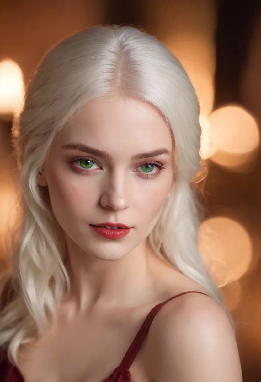 (((a deep reddish wound crosses her left cheek))) fair complexion, hot woman around 19 years old, natural white hair, distinctive green eyes, wearing bikini, slender and graceful, beautiful, candlelight in a medieval setting, medium boobs, ultra sharp focus, realistic shot, medieval female clothes, tetradic colors (scar:1.4)