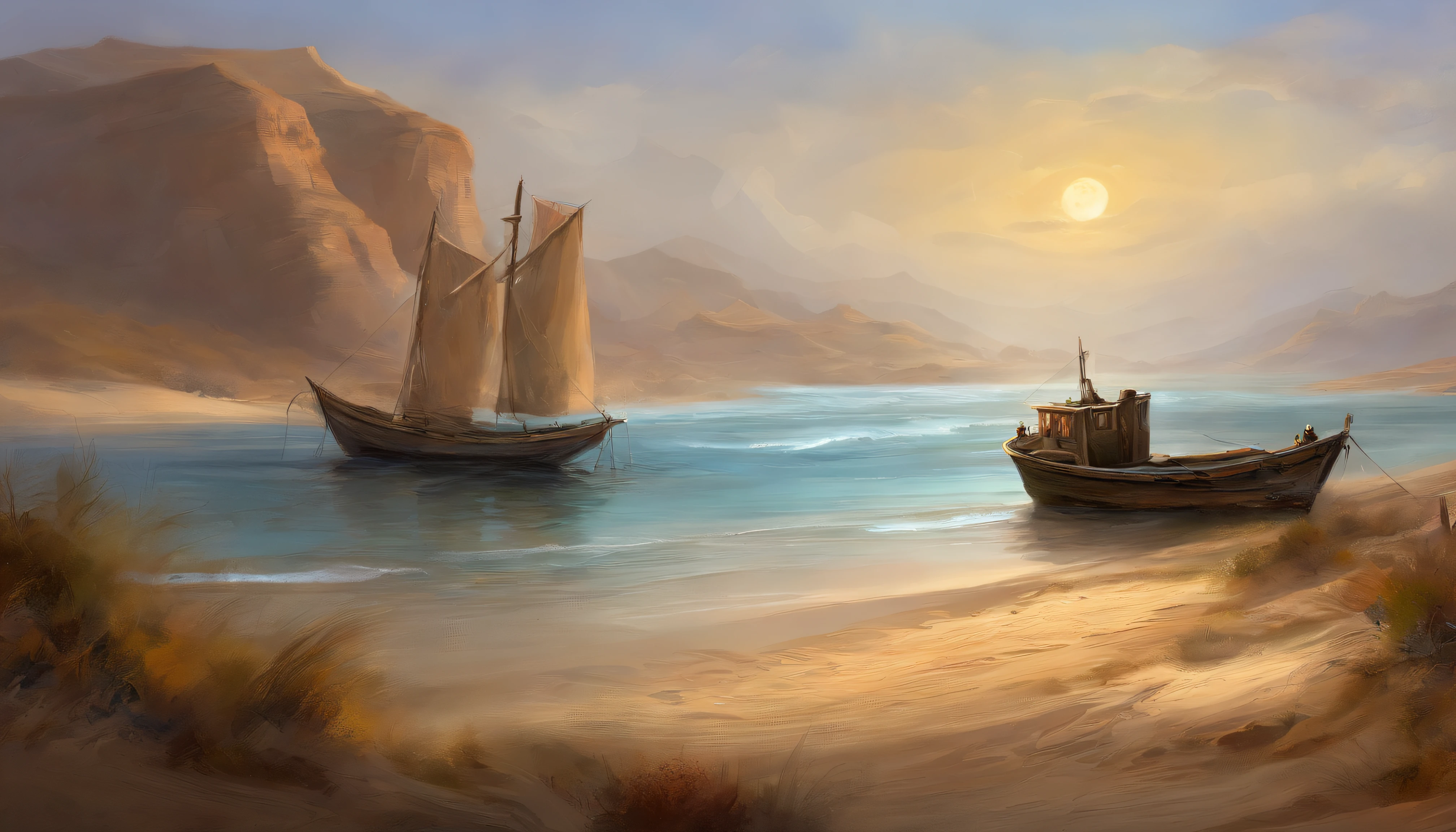 There is a fishing boat at the sea shore, (((fishermen are dragging fishing net))), illustration matte painting, inspired by Thomas Kinkade, symmetric matte painting, detailed scenery , style raw, 8 k ultra detailed, environment design illustration, scenery art detailed, Seaside view, concept-art, 4k highly detailed digital art, 4 k digital painting, 4k digital painting, stunning digital illustration, Desert background, digital painting concept art, Detailed digital painting