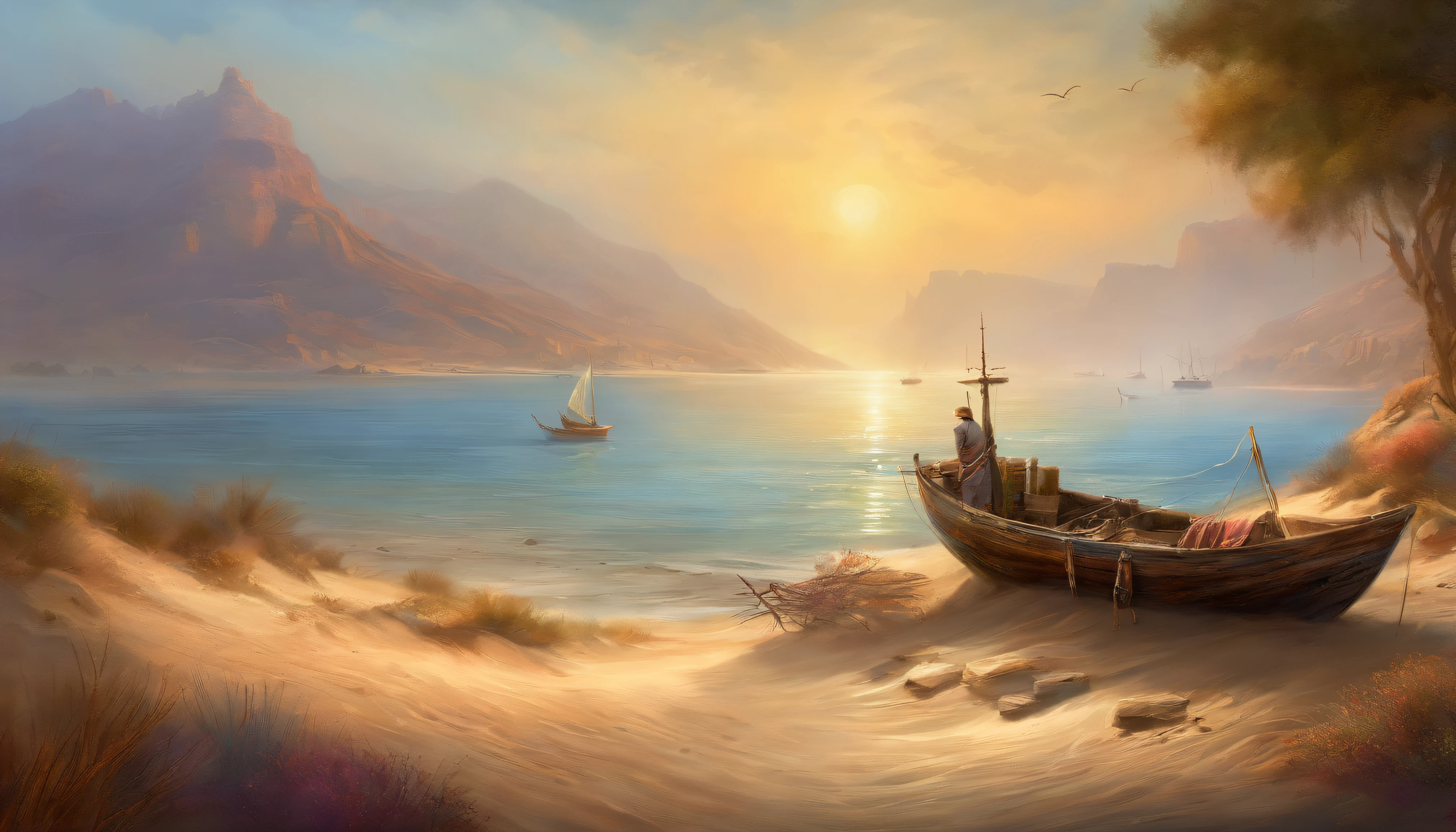 There is a fishing boat at the sea shore, (((fishermen are dragging fishing net))), illustration matte painting, inspired by Thomas Kinkade, symmetric matte painting, detailed scenery , style raw, 8 k ultra detailed, environment design illustration, scenery art detailed, Seaside view, concept-art, 4k highly detailed digital art, 4 k digital painting, 4k digital painting, stunning digital illustration, Desert background, digital painting concept art, Detailed digital painting