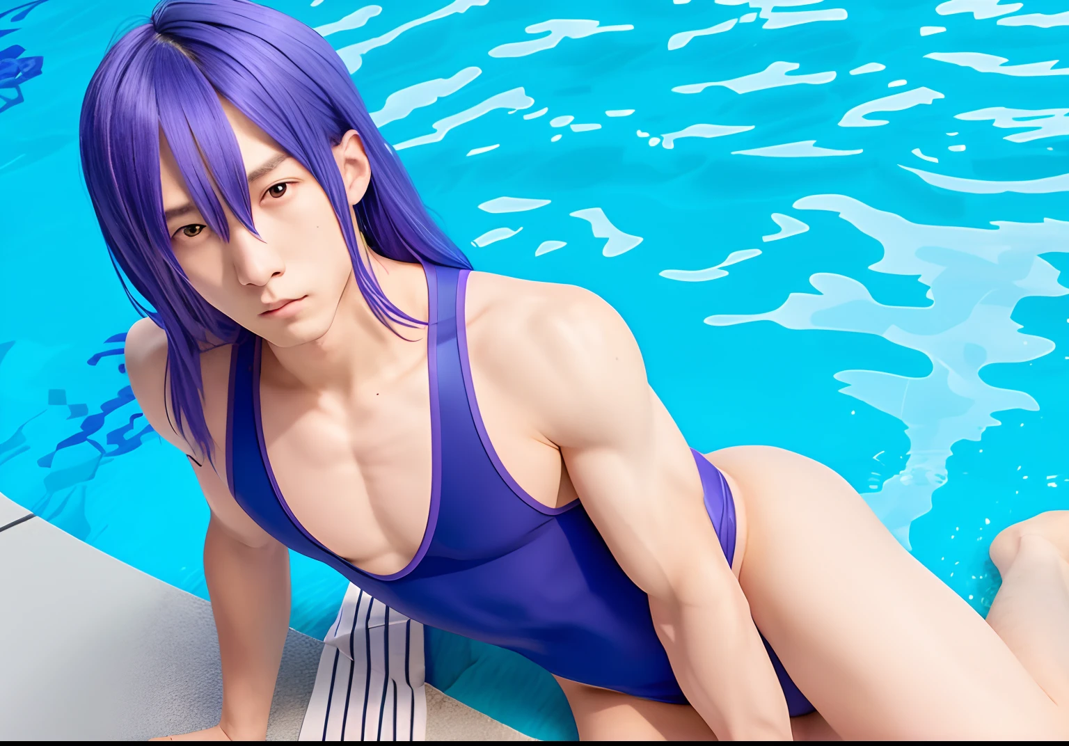 Anime boy in dark blue swimsuit lying on the ground, Boy with long blue hair, Boy with long purple hair, Blue-eyed boy, marin kitagawa fanart, onepiece swimsuit, School swim wear, anime moe art style, garments:High-cut swimwear, Half Up Hair, Seductive Anime Boy, Cool anime boy in a navy blue tanksuit, In a one-piece swimsuit, Wearing swimwear, Tall men, swimming pools, highleg, wearing a swimming wear, Bare shoulders, bare legs