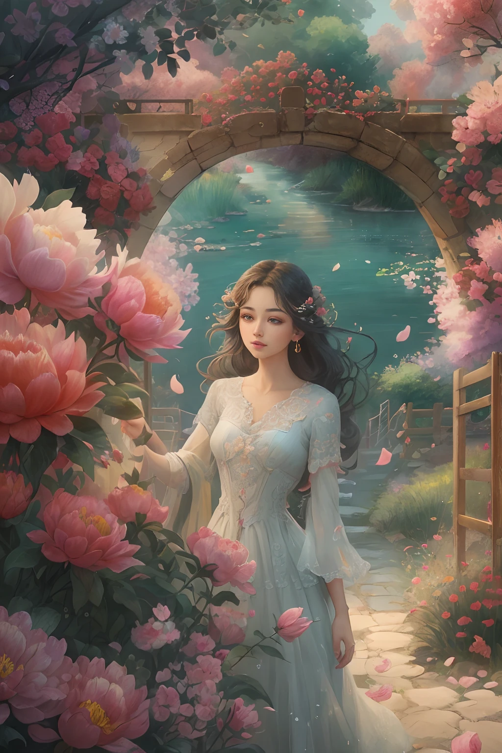 A girl standing in a beautiful garden, Surrounded by vibrant peony plants and jasmine petals floating in the air. The scenery is picturesque, A tranquil river flows beside the winding road. The girl has charming and delicate eyes, Long eyelashes enhance her beauty. Her lips are also beautiful, Adds to her elegant appearance。The artwork is of the highest quality, The resolution is 8K, Provides ultra-detailed and realistic depictions. The colors are vivid and vibrant, Add depth and life to your images. The overall style of the illustration is reminiscent of a masterpiece, Showcase intricate details and craftsmanship. The lighting in the scene is soft and soft, creating a warm and inviting atmosphere.