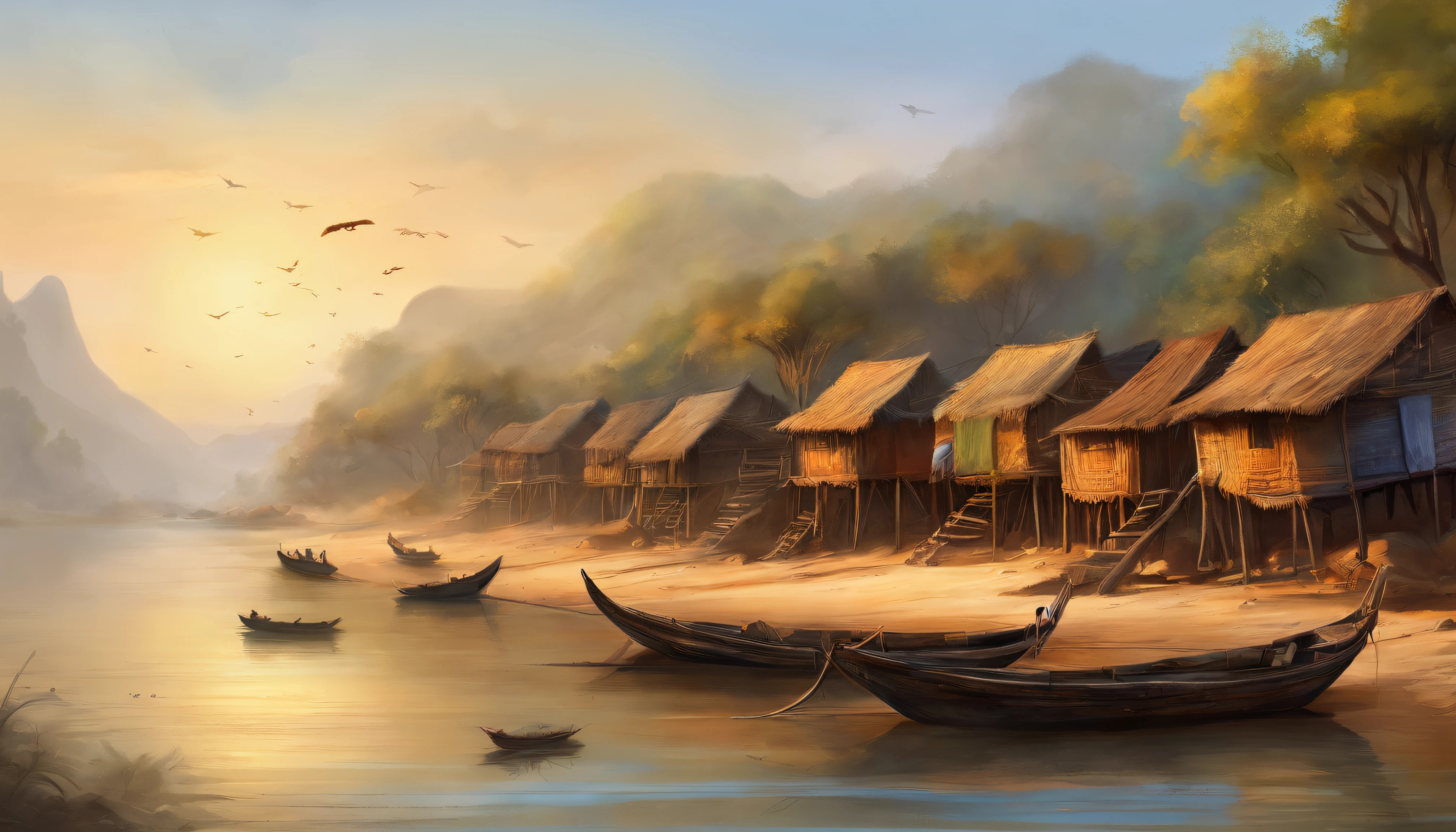 Innlay of MYANMAR (( a floating village)), Many of long legs huts in the water, boats are rowing with feet, ymmetric matte painting, detailed scenery , style raw, 8 k ultra detailed, environment design illustration, scenery art detailed, Seaside view, concept-art, 4k highly detailed digital art, 4 k digital painting, 4k digital painting, stunning digital illustration, Desert background, digital painting concept art, Detailed digital painting