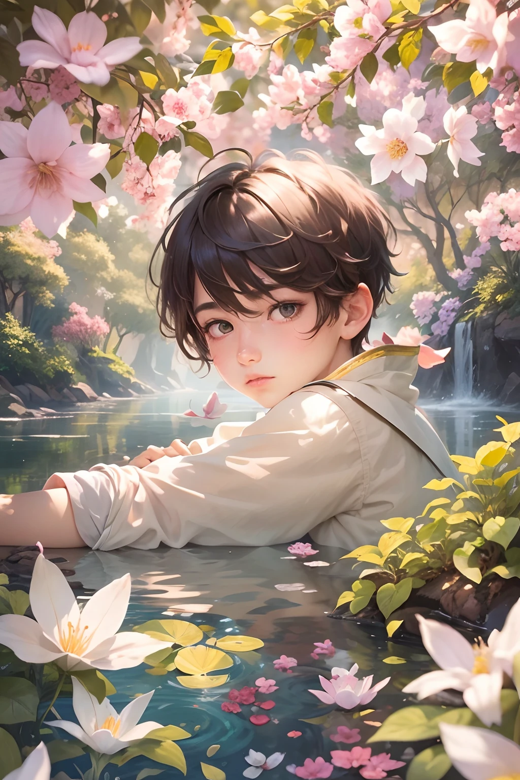 A -thirten a beautiful garden, Surrounded by vibrant jasmine plants and jasmine petals floating in the air. The scenery is picturesque, A tranquil river flows beside the winding road. The boy has gentle and delicate eyes, Long eyelashes enhance his beauty. His lips are also beautiful, Round face,Adds to her cute appearance。。。。. The artwork is of the highest quality, The resolution is 8K, Provides ultra-detailed and realistic depictions. The colors are vivid and vibrant, Add depth and life to your images. The overall style of the illustration is reminiscent of a masterpiece, Showcase intricate details and craftsmanship. The lighting in the scene is soft and soft, creating a warm and inviting atmosphere.