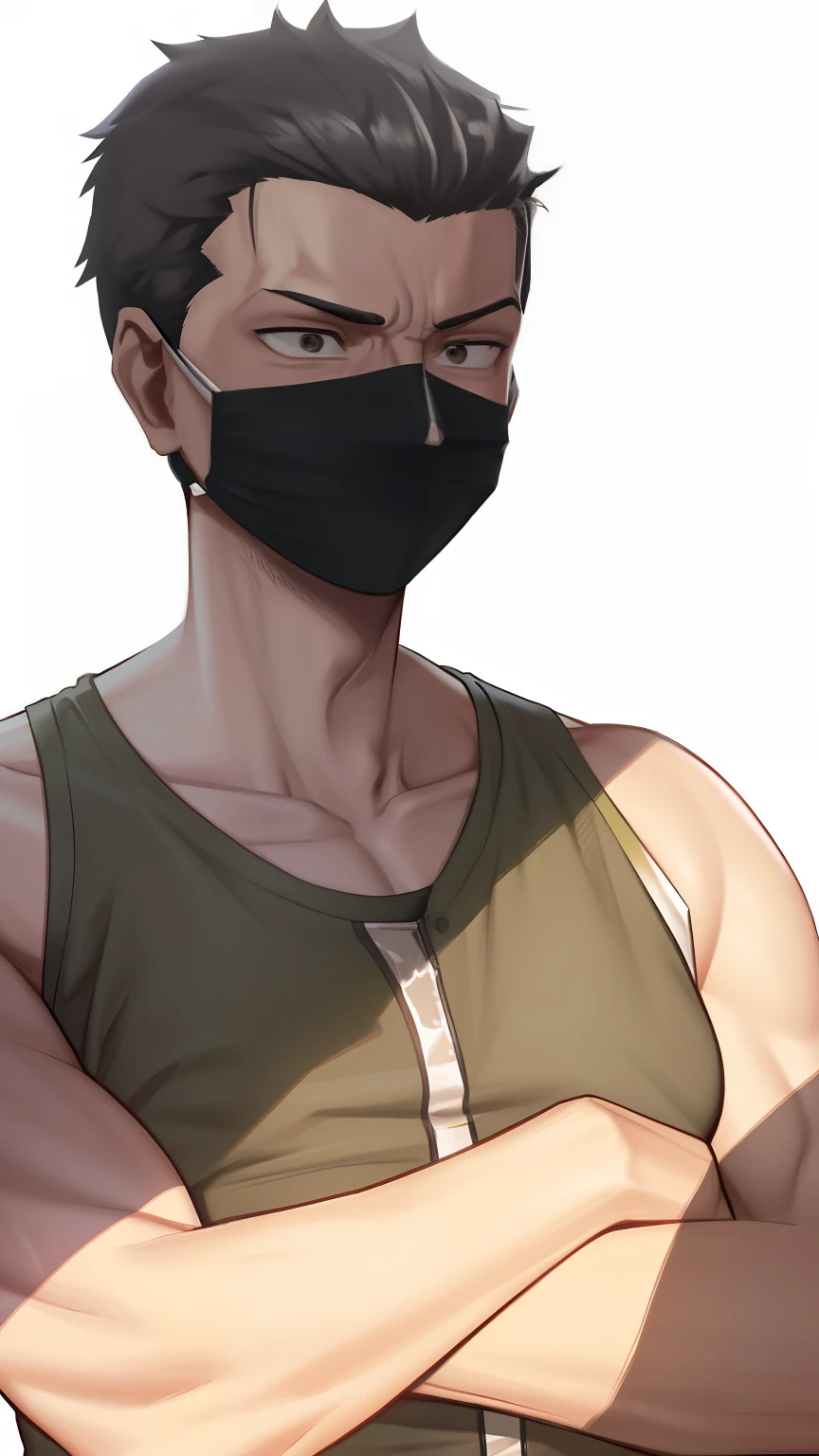 (Close-up of a man wearing a mask and a shirt), Sexy, Bandits, Gay, Top, artist: Xin Yi, (SF Express) safe to work, clean artstyle, unknown artstyle, saint (prix), Wearing a vest, Muscular!!, Wear a low-cut vest, Super buff and cool, Flat cartoon style shadows, Clear [Bronze] complexion [masked]