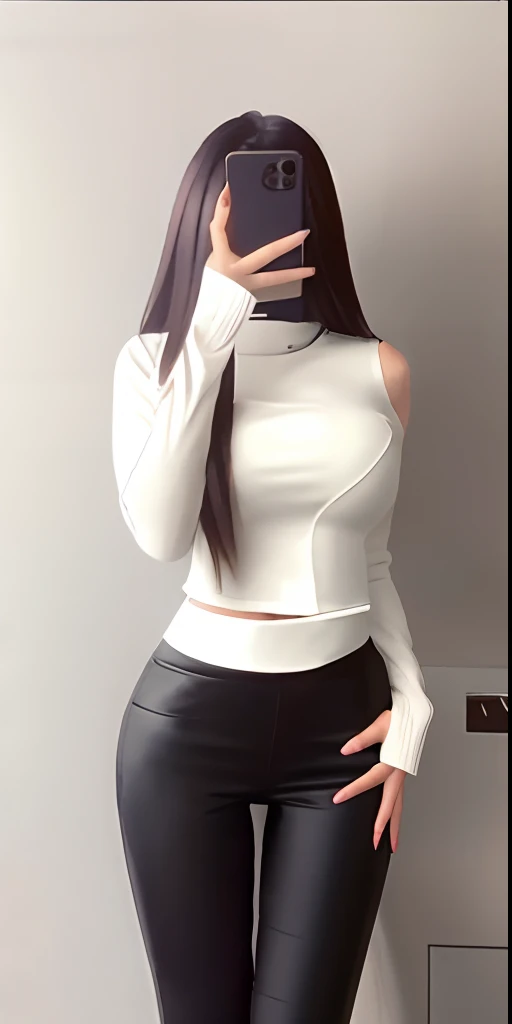 A woman takes a selfie wearing a white top and black pants, smooth white tight clothes suit, wearing tight simple clothes, Jacket, White jacket, Short jacket, generous cleavage , cropped shirt with jacket, 4 0 9 6, in white turtleneck shirt, Open V chest clothes, tight costume, choi, Tight shirt, wearing tight shirt, thicc