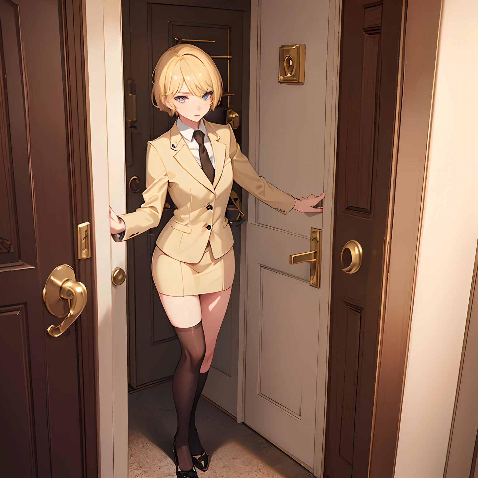 1girll,(short blonde hair:1.6),Business suit,Skirt that wraps hips,black short socks,Mature and beautiful and sexy,Rich and noble families,In the corridor of the villa,(Knocking on the door:2),facing away from the audience,seductive, Ultra-detailed CG,Exquisite facial features,Clear facial expressions,Detailed digital anime art,Digital anime art,High quality anime art style