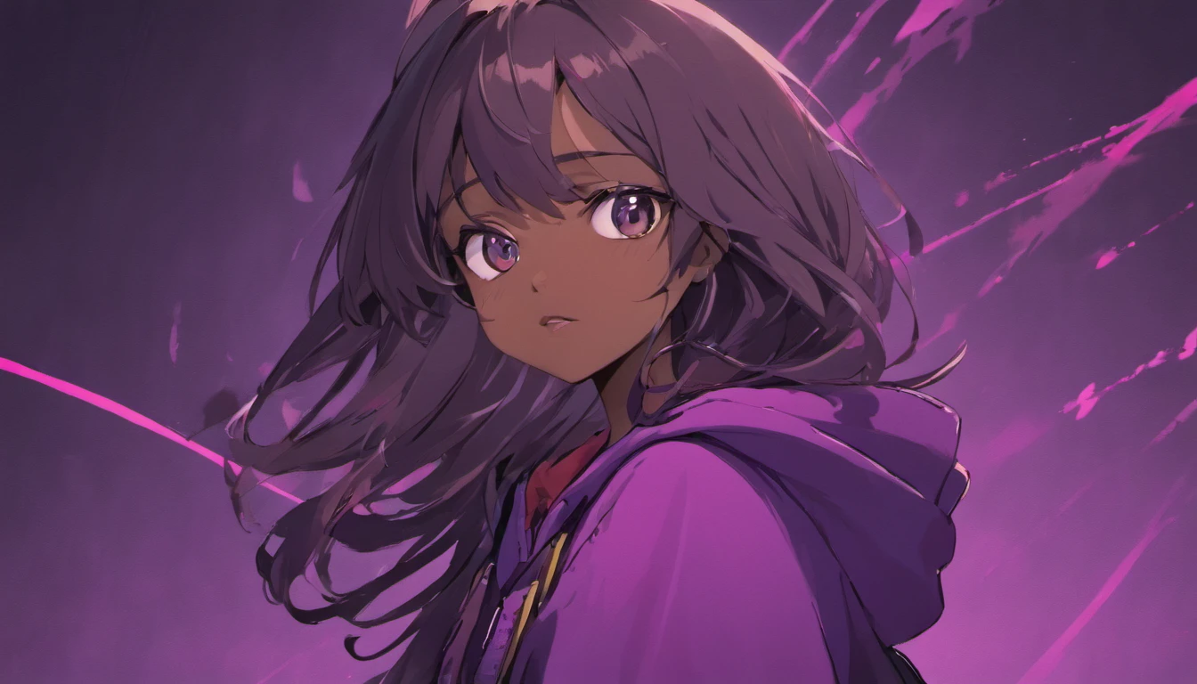 /imagine prompt: dark-skinned girl with long black wavy hair wearing purple hoodie illustration, in bold outline style, jagged edges, trashcore, light shading --v 5.2