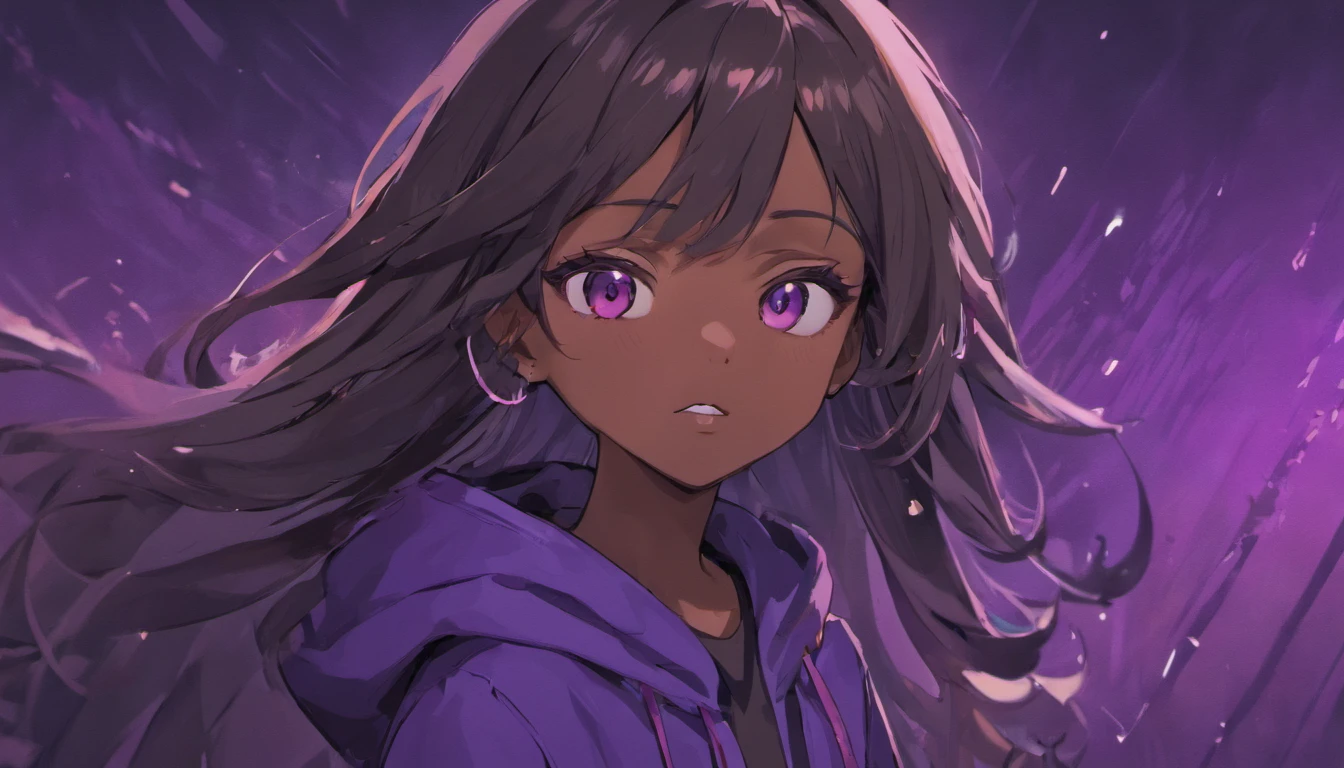 /imagine prompt: dark-skinned girl with long black wavy hair wearing purple hoodie illustration, in bold outline style, jagged edges, trashcore, light shading --v 5.2