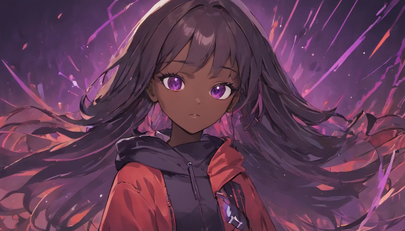 /imagine prompt: dark-skinned girl with long black wavy hair wearing purple hoodie illustration, in bold outline style, jagged edges, trashcore, light shading --v 5.2
