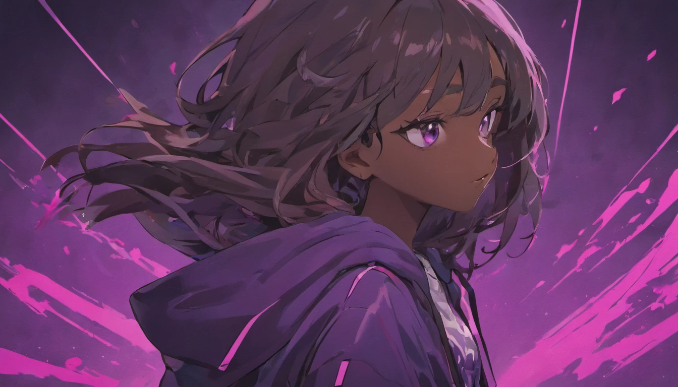 /imagine prompt: dark-skinned girl with long black wavy hair wearing purple hoodie illustration, in bold outline style, jagged edges, trashcore, light shading --v 5.2