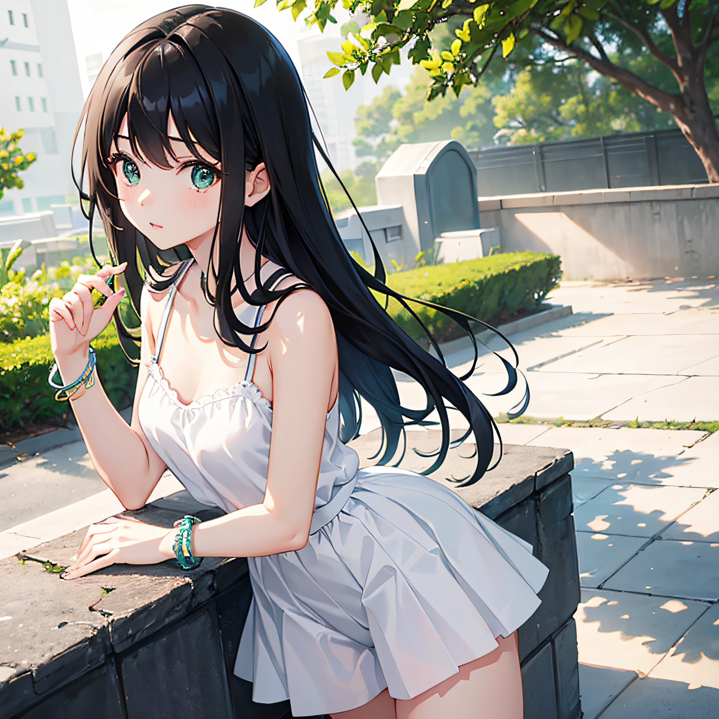 Super delicate cute girl with black hair、a 、14years、8K Ultra High Defition, Delicate texture, Medium Hair、White camisole、Pastel green miniskirt、Black shorts、A bracelet、Summer parks、during daytime、