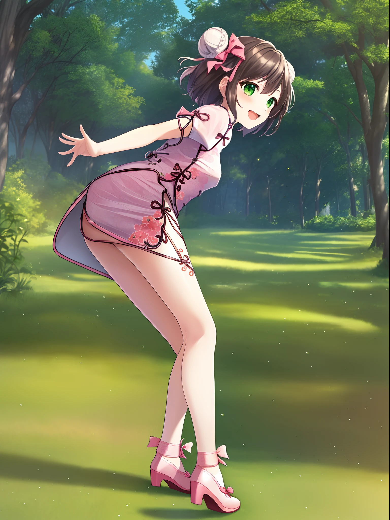 1 girl, solo, masterpiece, highres, ultra details, CG quality, cute , full body, (from side:1.2), black hair, green eyes, high quality eyes, high quality hands, (twin buns:1.3), (hair bows:1.3), (short hair:1.6), (pink short cheongsam:1.6), no sleeves, small breast, silver bangle, white pantyhose, (pink embroidered flat shoes:1.3), bows on shoes, standing, delighted, spreading arms, spinning on tiptoe, forest, high quality background, depth of field