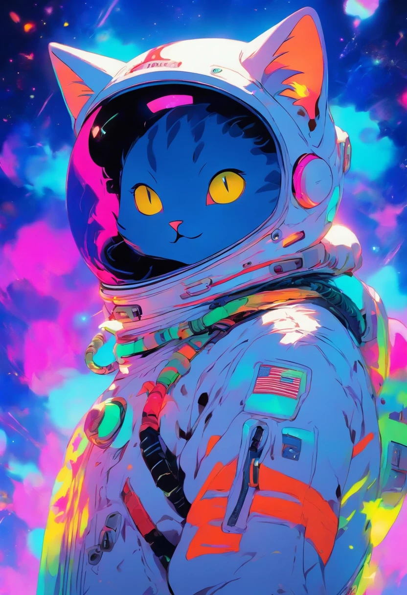 Cat-shaped alien、Coat color is neon blue、Eye color is yellow、Wearing a white spacesuit