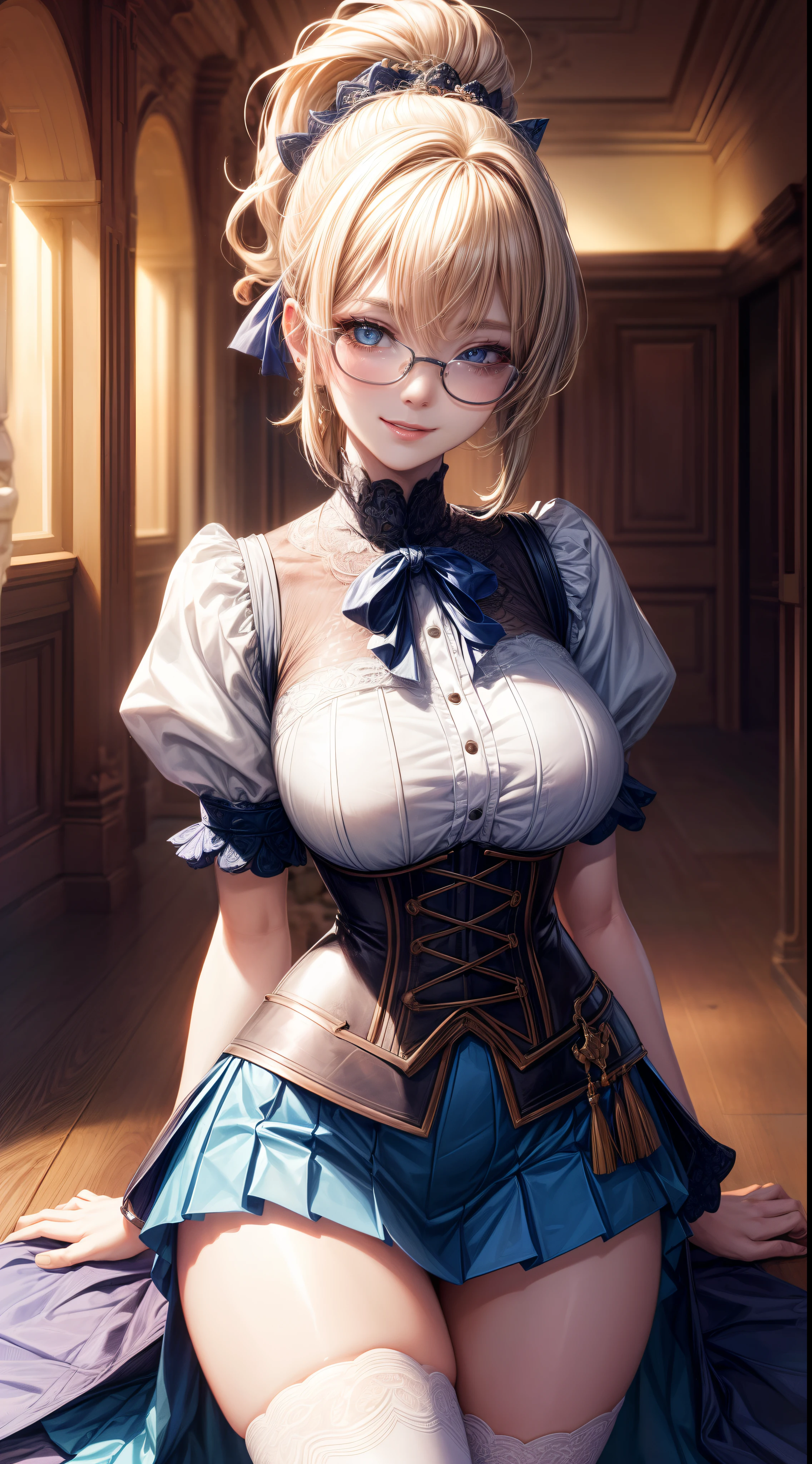 8K, masutepiece, Raw photo, Best Quality, Photorealistic, Highly detailed CG Unity 8k wallpaper, depth of fields, Cinematic Light, Lens Flare, Ray tracing, (Extremely beautiful face, Beautiful lips, Beautiful eyes), intricate detail face, ((Ultra detailed skin)) 1girl in, In the Dark, deepshadow, Cute Korean Girl, Kpop Idol, 1 12-year-old girl, (Very slim and slender fit muscular body:1.3), ((Looking at Viewer)),(Big smile:1.3), (Blurred background),(No people in the background:1.3), Beautiful earrings, Bracelets, Clear eyes, Walking, (pale skin), (Big eyes), Face forward, (Golden bristles), (Full body shot), , ((blue high waist skirt)), , (Looking at Viewer:1.3) opened breast, Very slim, medium breasts, ass forcus, Before the eyebrows, thick thighs((whiteshirt:1.3)), (double-breasted,Underbust:1.2), Short sleeves, buttonGap,Frameless glasses,Corset Belt,Beautiful ponytail,a blond,